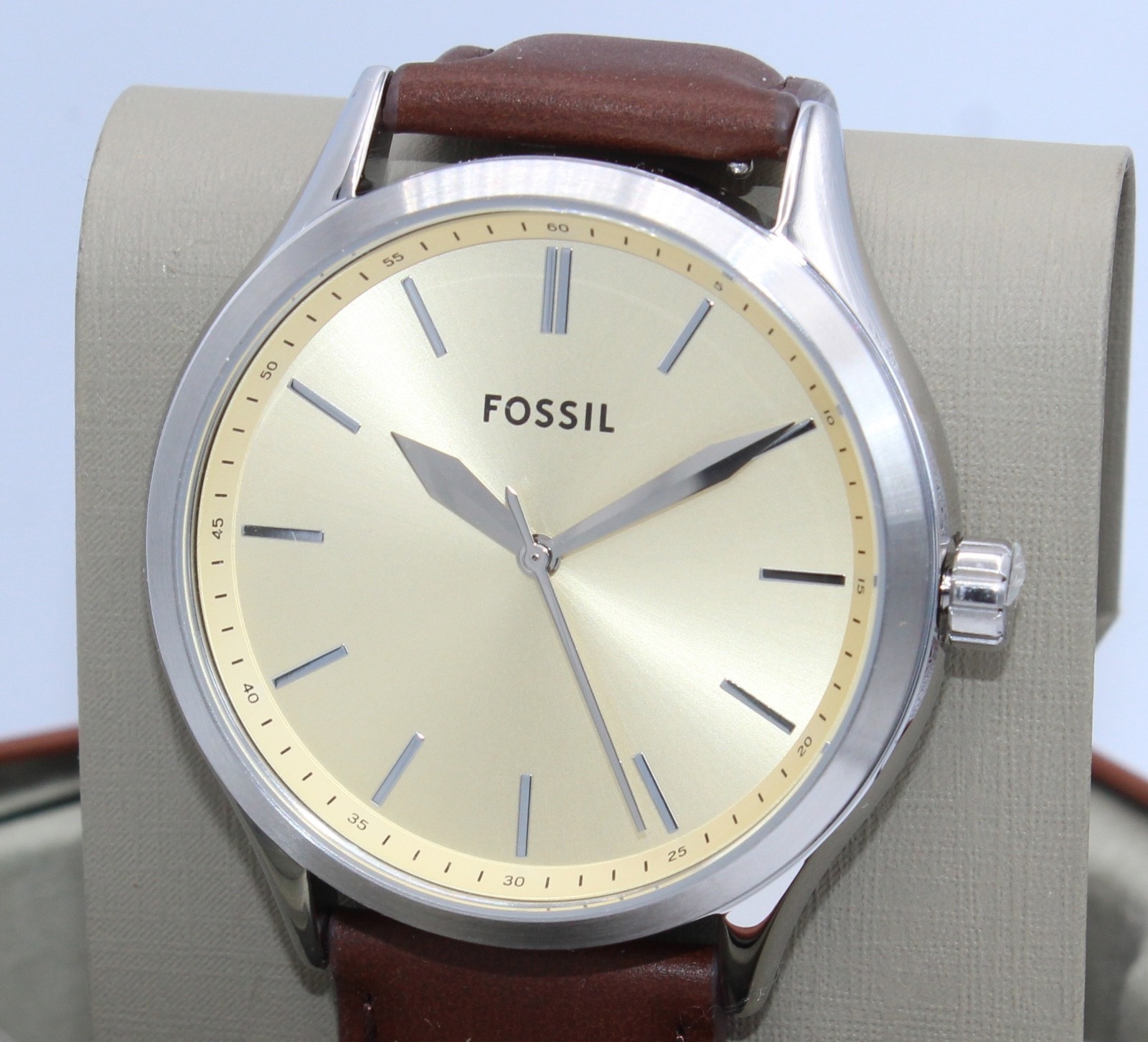 New Authentic Fossil Fenmore Midsize Slim Silver Cream Brown Men’s BQ2865 Watch