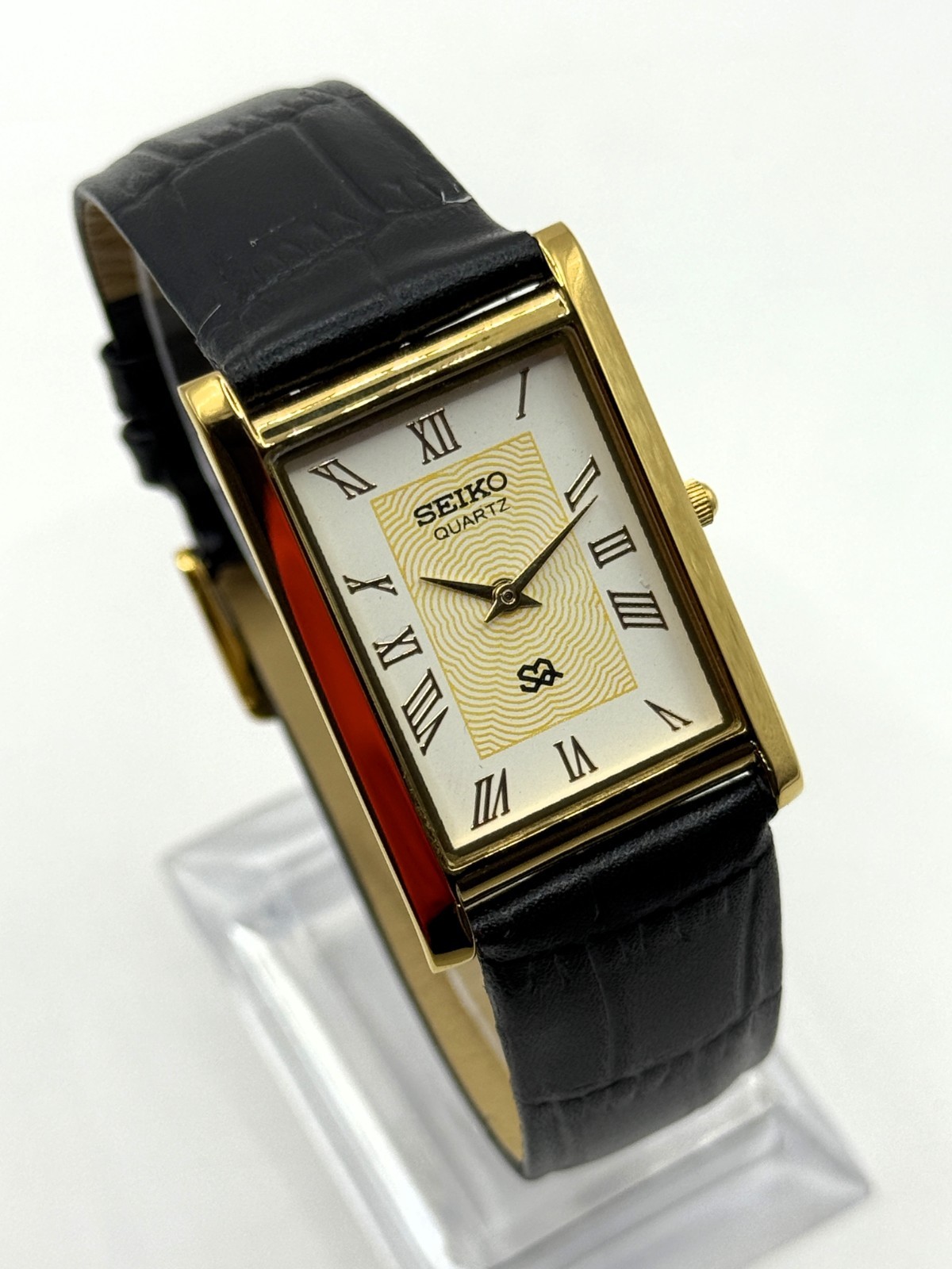 Vintage Refurbished Seiko Rectangular White Dial Black Faux Leather Strap