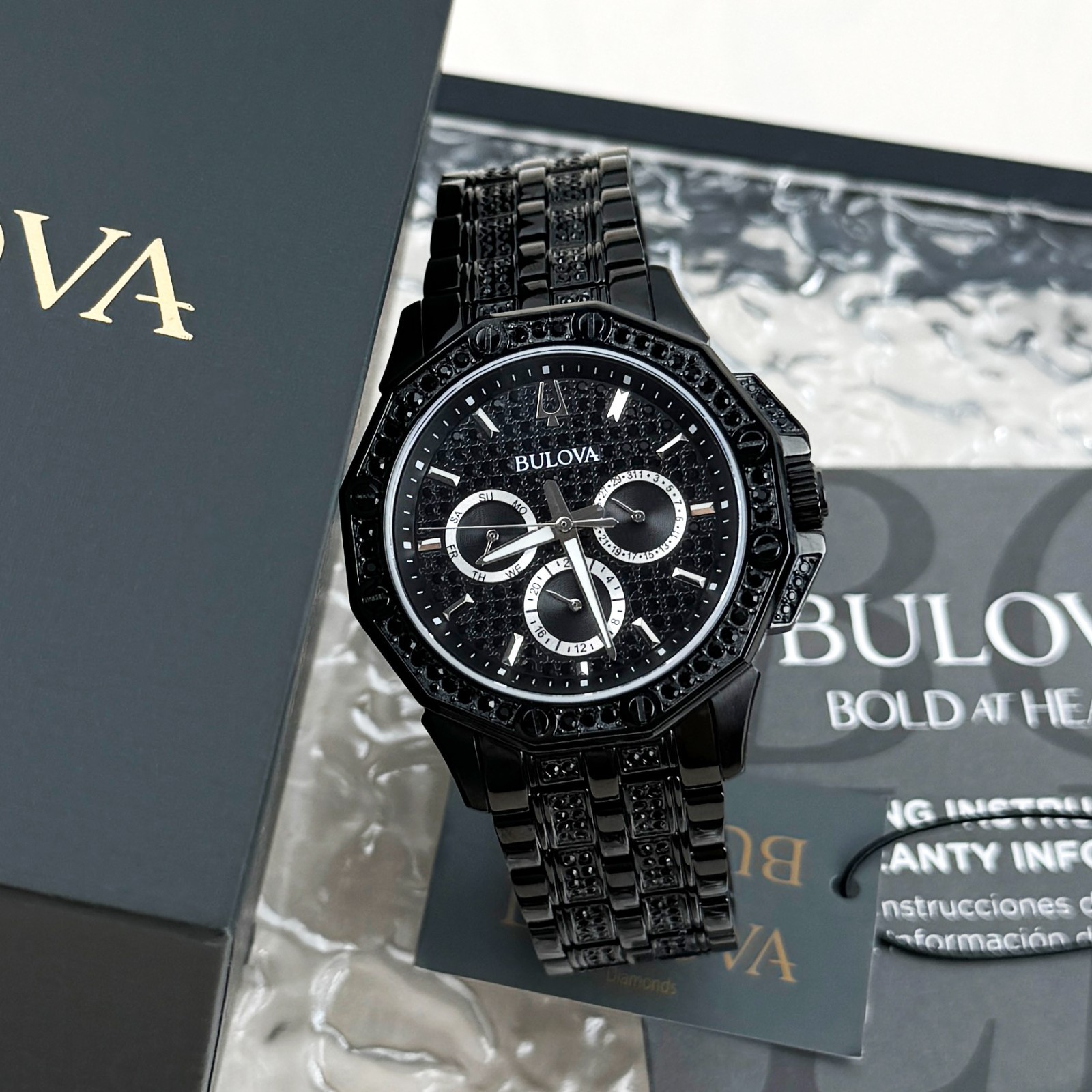 Bulova Octava Crystal Quartz Black Pave Dial Stainless Steel Men’s Watch 98C134
