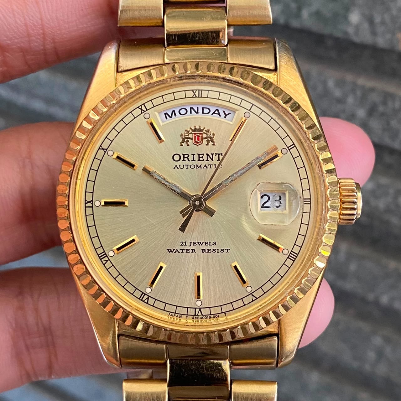 Rare Orient President Automatic Day Date Gold Dial Baton Index Watch Vintage Men