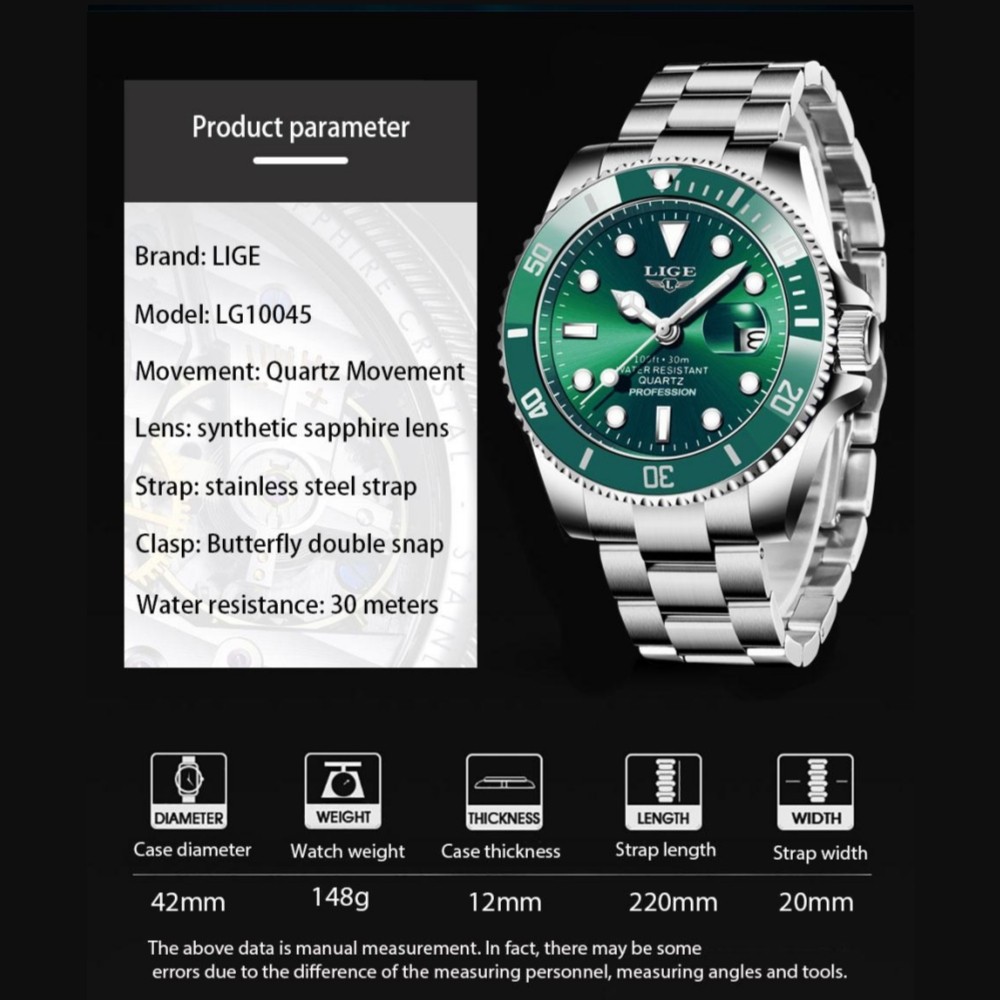 Men Watch Quartz Date Stainless Steel Luminous 3ATM Waterproof Wristwatch Boxed