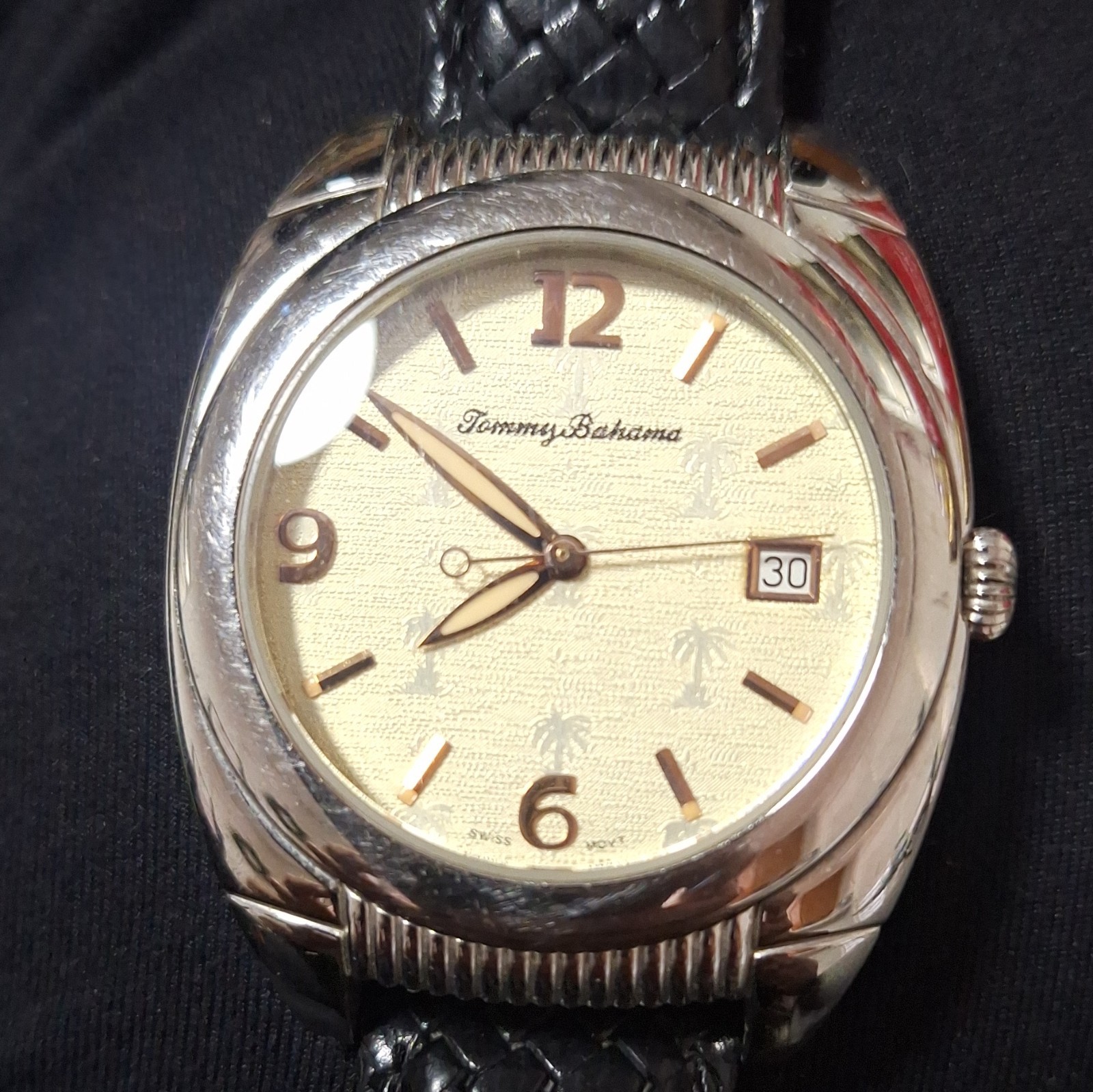 Tommy Bahama Swiss Quartz Date 50m Wristwatch Silver Case Black Leather 38mm