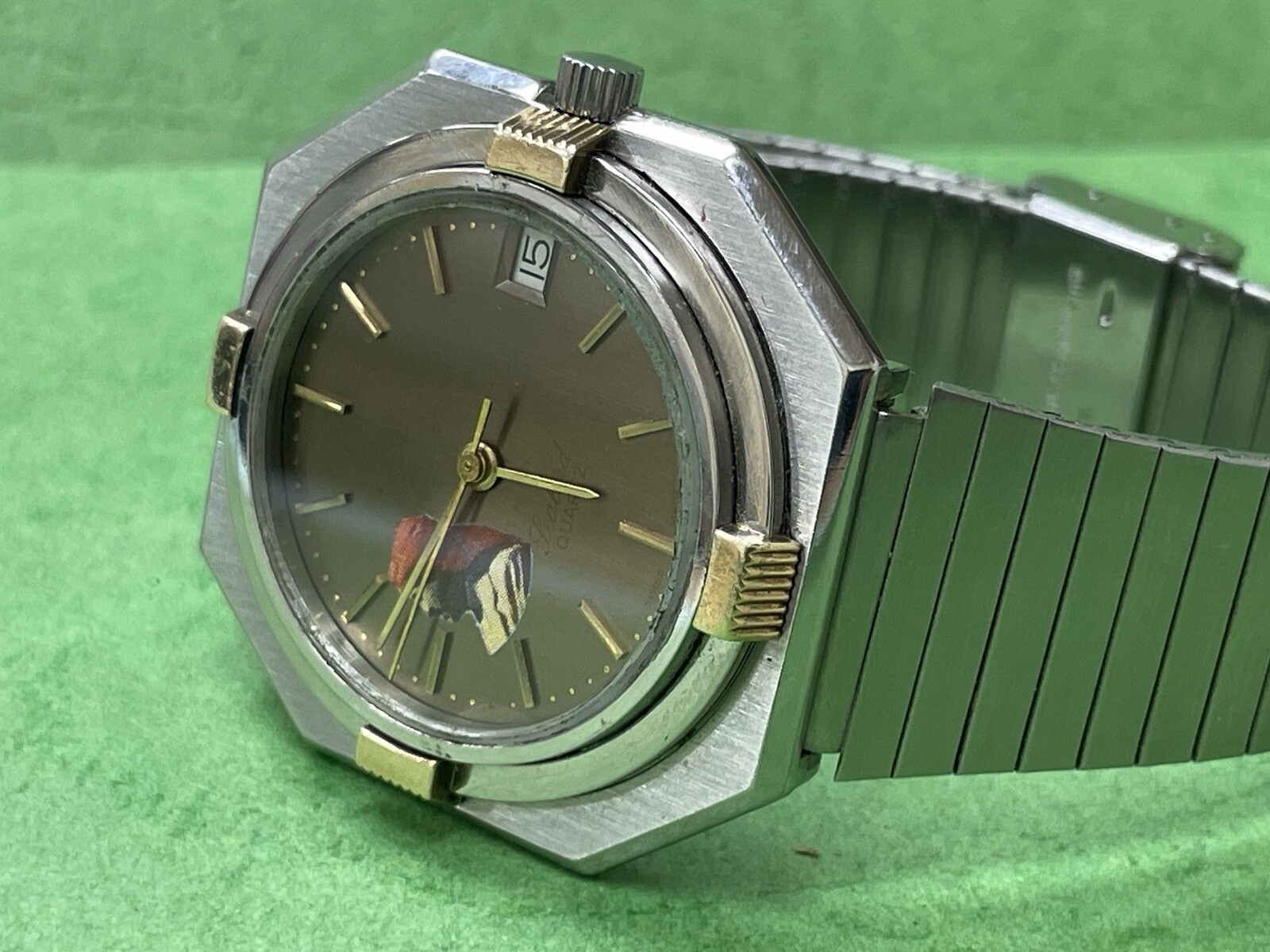 SWISS Cyma President Saddam Hussein Iraq Watch Men Black Dial SS 18k Gold R35