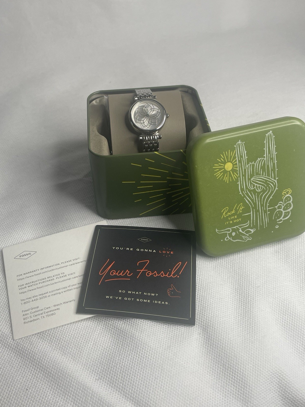 Fossil Carlie Silver Floral Rotating Mandala Watch Matching Snap Bracelet ES4692