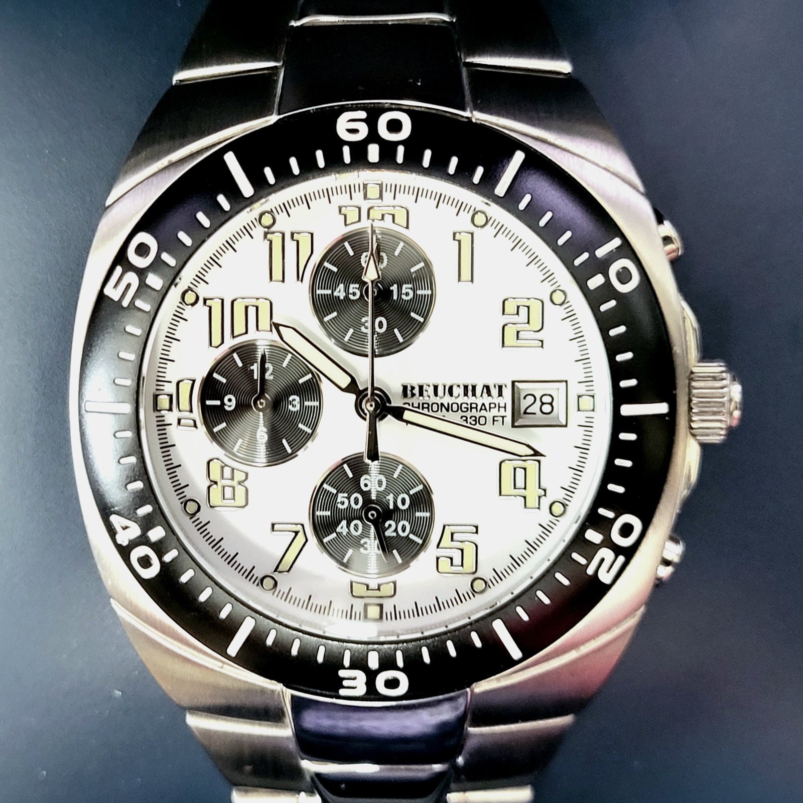 Beuchat Swiss Chrono Watch 100M Mens Watch Box & Papers