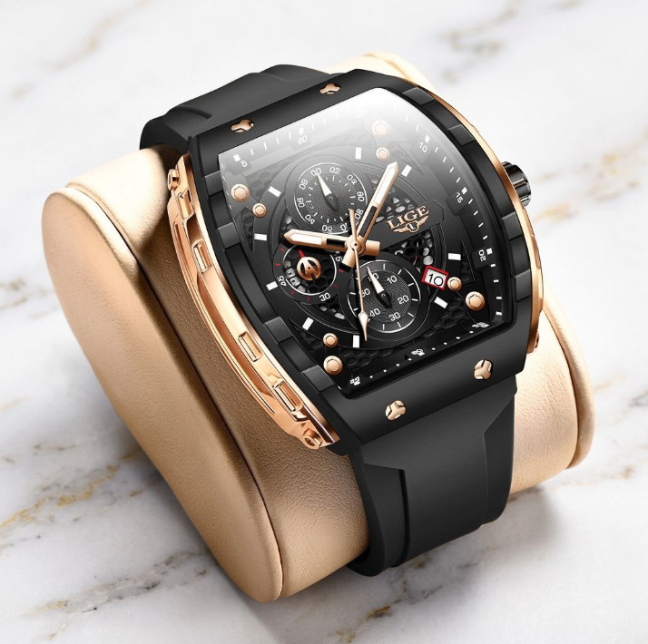 Men Black Dial Silicone Strap Rectangle Sports Wristwatch Gold Trim Analog Watch
