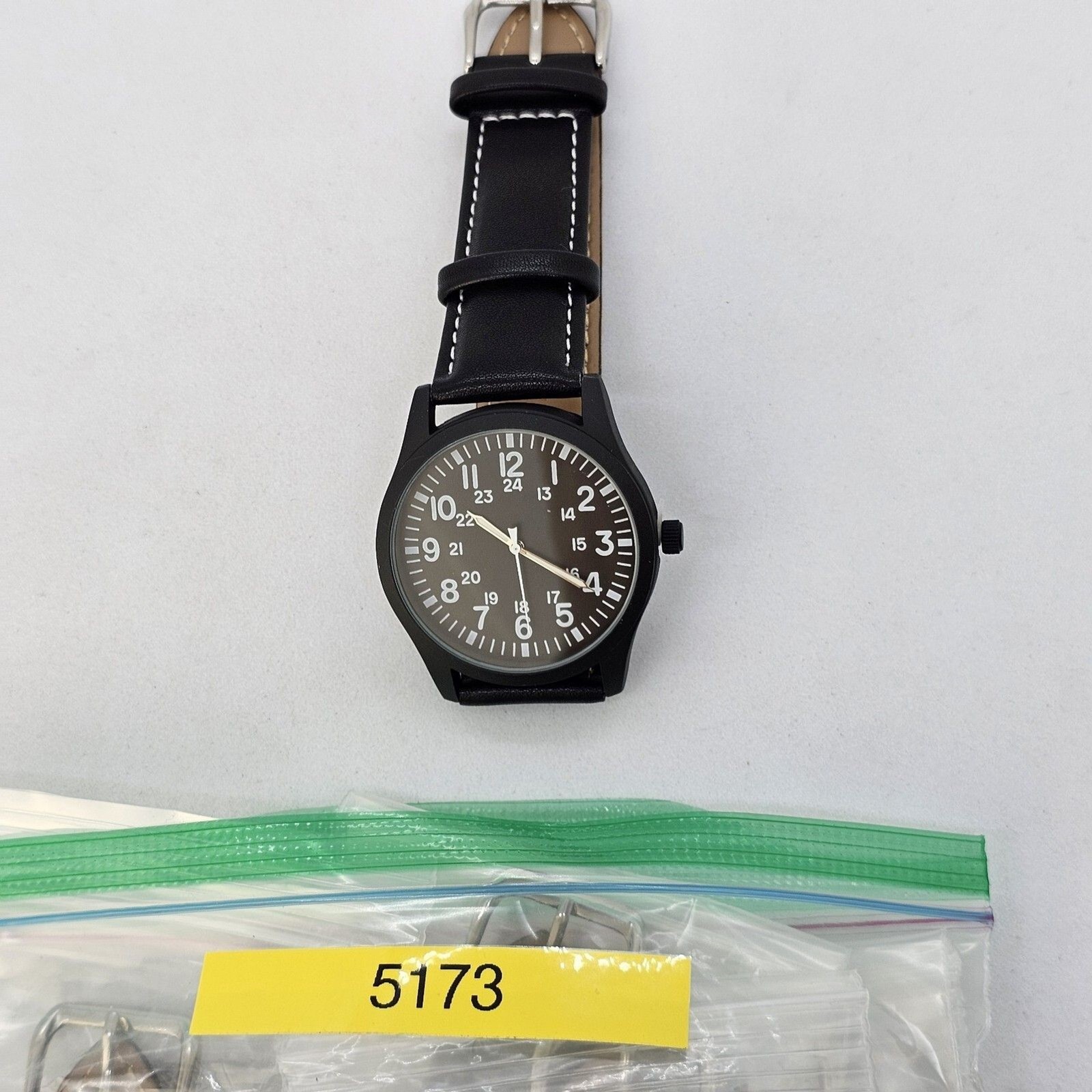 Men’s Field Watch 42MM Large Case Black Dial Black White Leather Band Straps