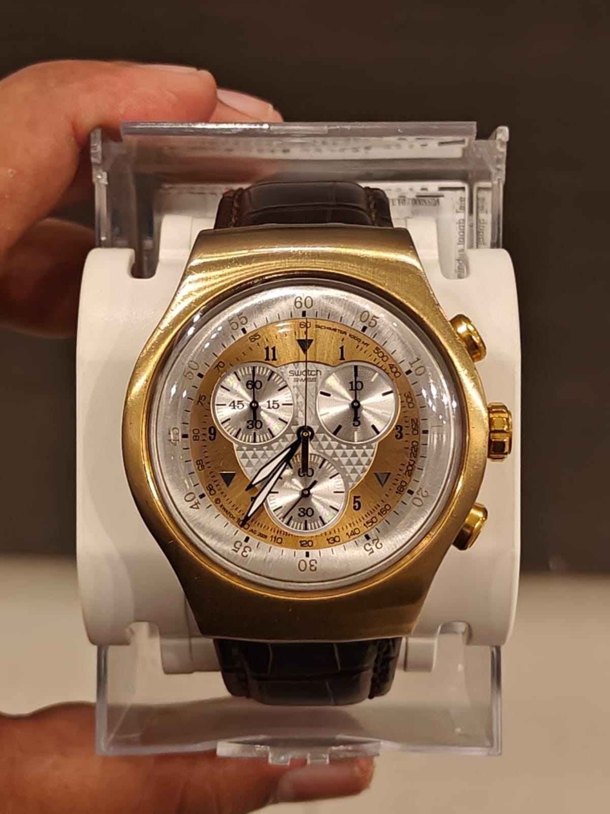 SWATCH THE GOLDEN CHEST IRONY CHRONOGRAPH – RARE WATCH YOG100G 43MM