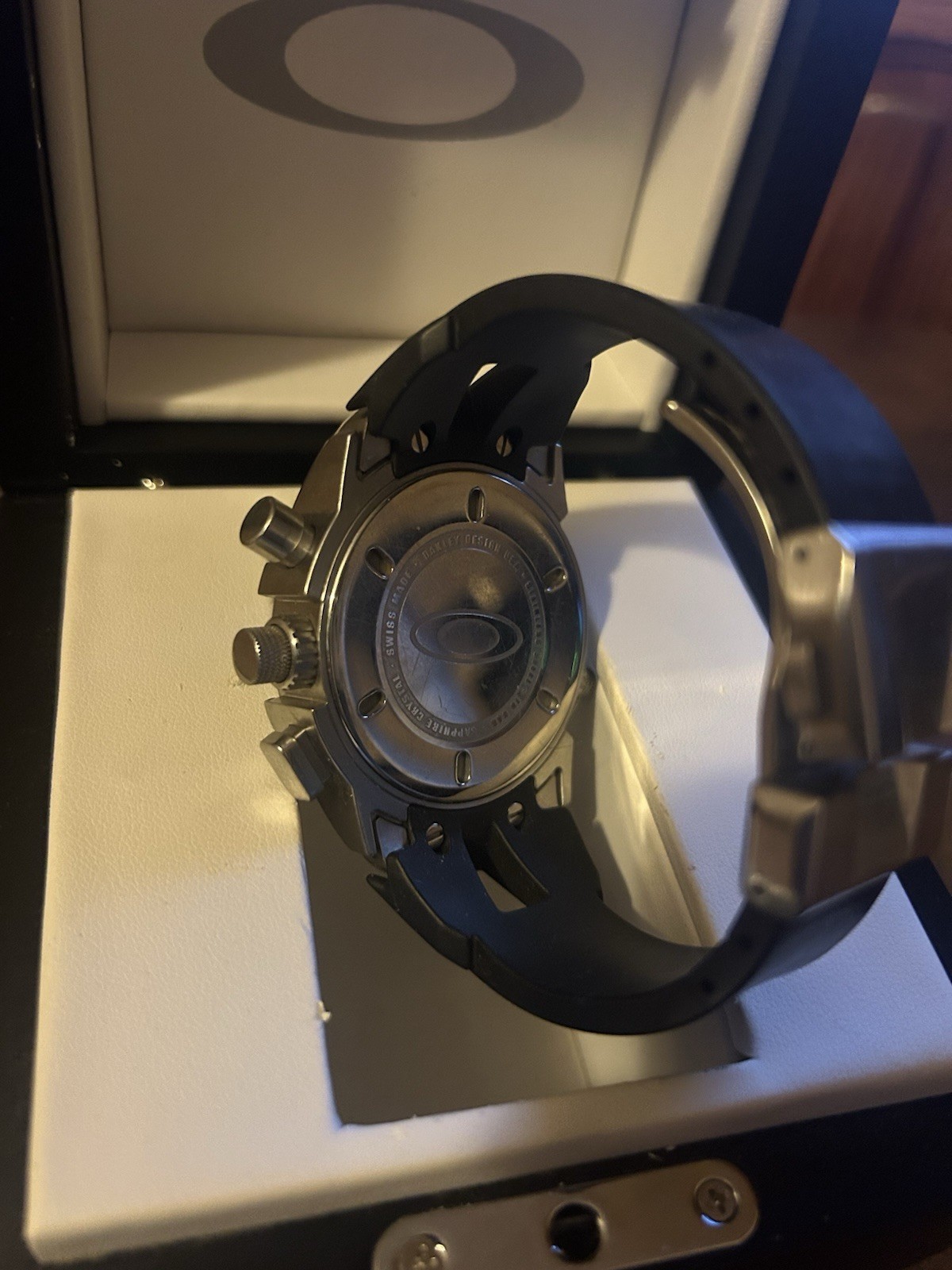 Oakley 12 Gauge Quartz Wristwatch Blue Dial Silver Steel 45mm Black Strap Box