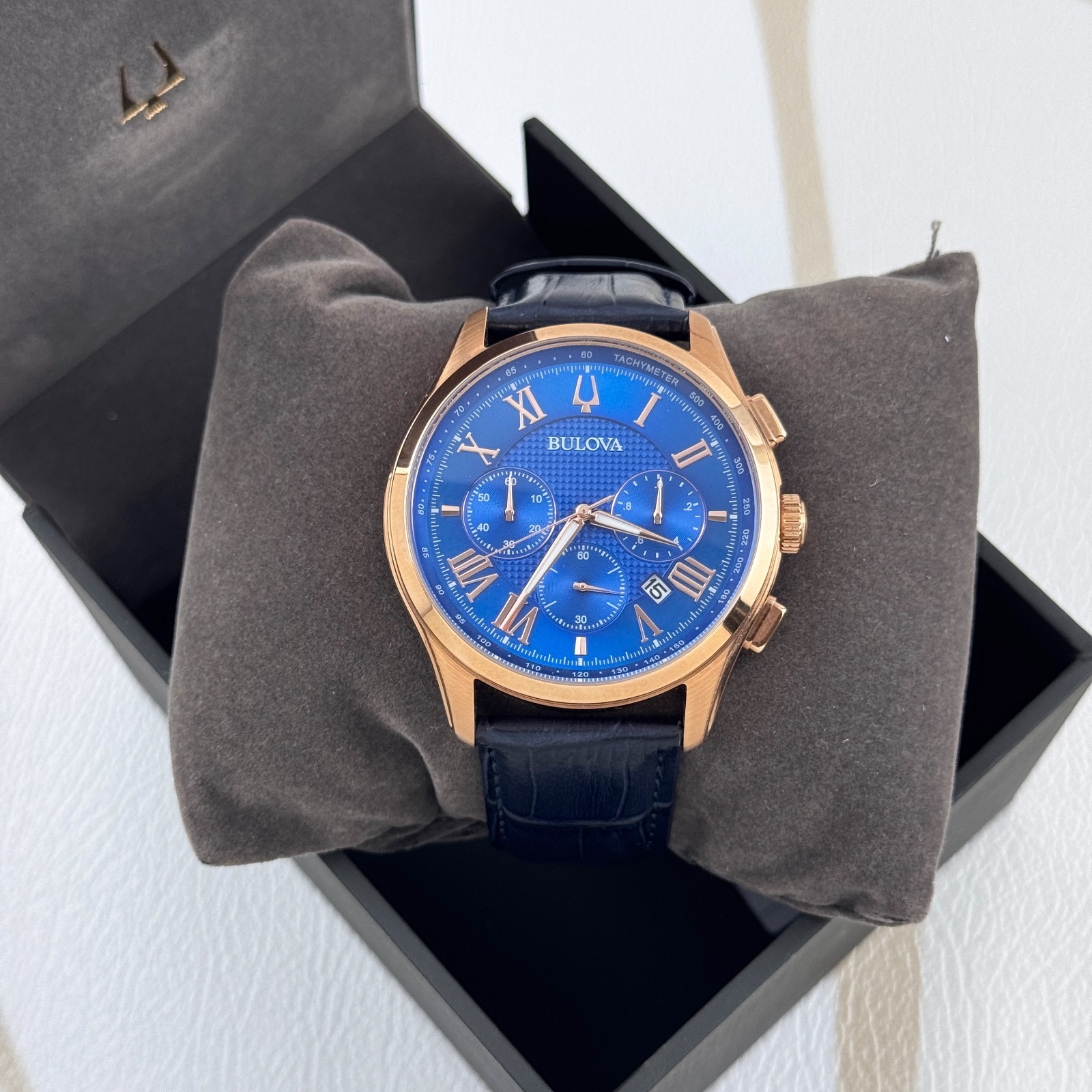 Bulova Men’s Classic Wilton 97B170 Blue Dial Leather Strap Quartz Watch 46.5 mm