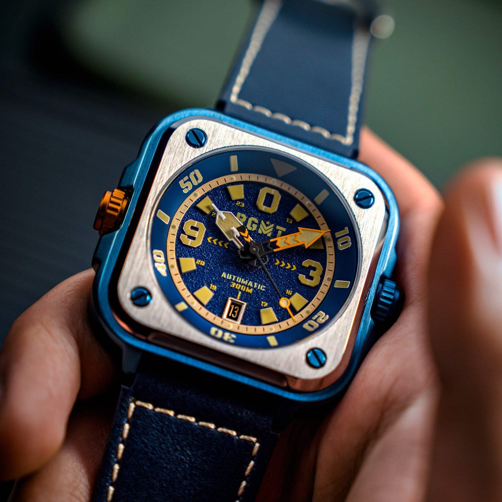 Pershing Automatic Blue / Leather Blue Dial Wristwatch RG-8066-04