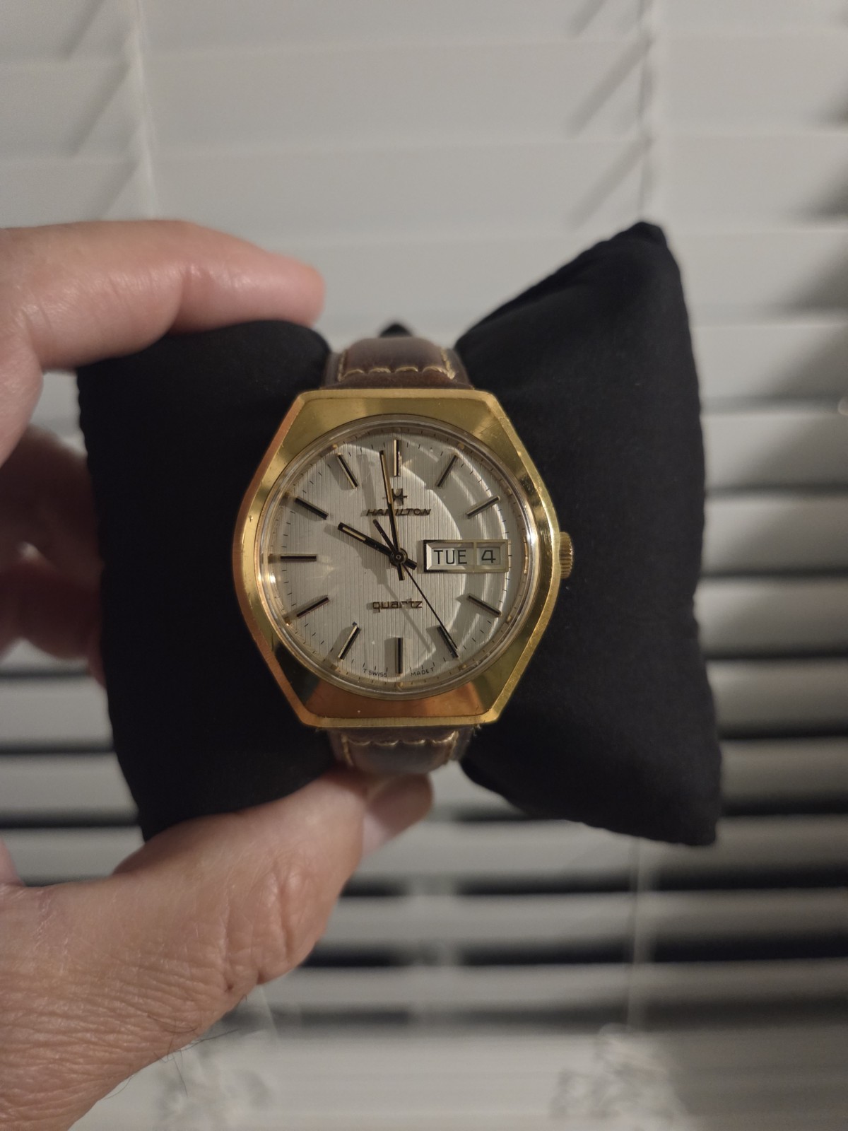 Hamilton Quartz Day/Date Hexagon Gold-Plated Case Silver Dial Brown Leather