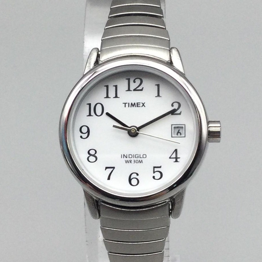 Timex Easy Reader Indiglo Womens Watch 23mm Date Silver Tone Stretch New Battery
