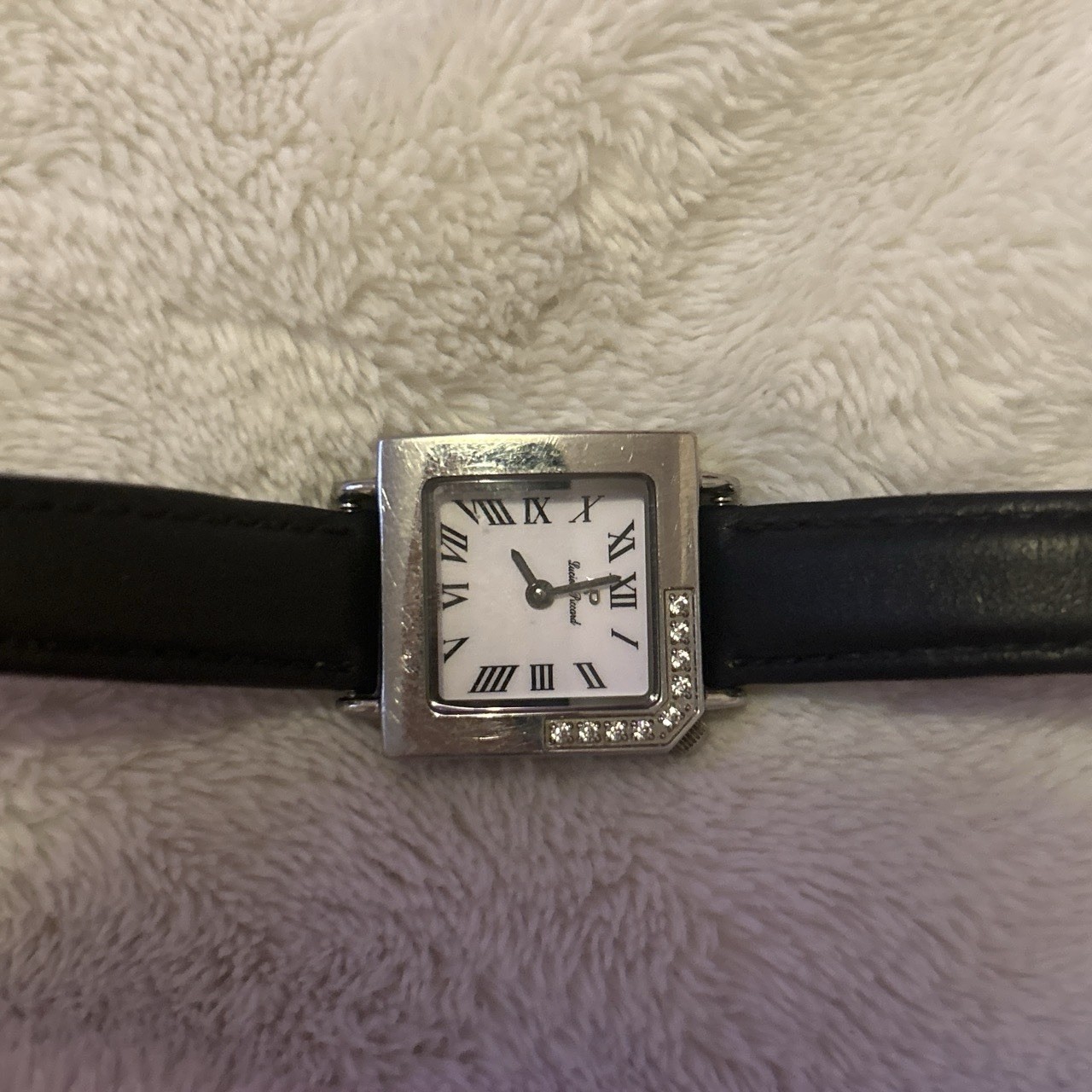 Lucien Piccard Square Stainless Steel Watch Black Leather Sapphire – not running