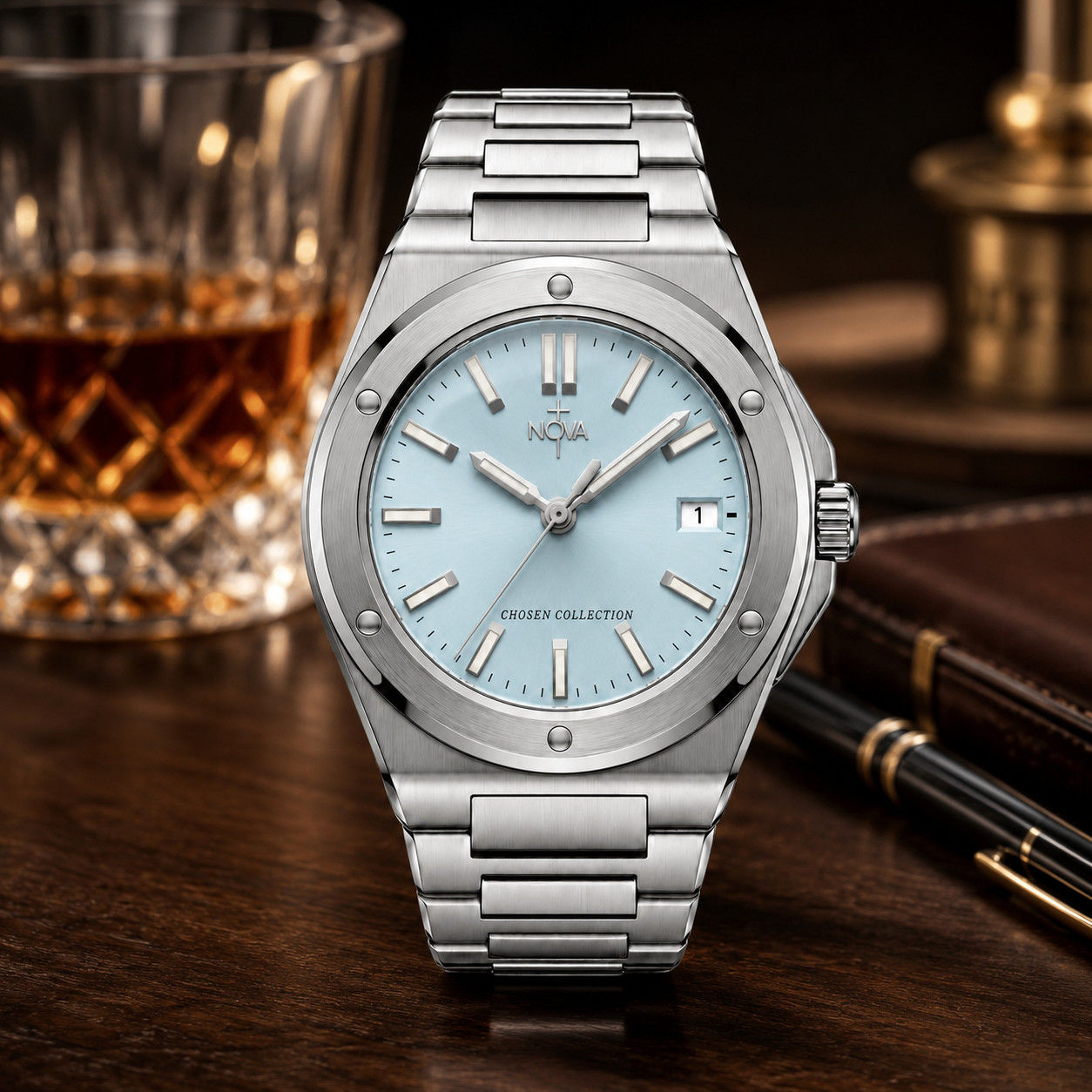 Nova Christian Chosen Custom Watch Ice Blue Dial Silver Tone Bracelet