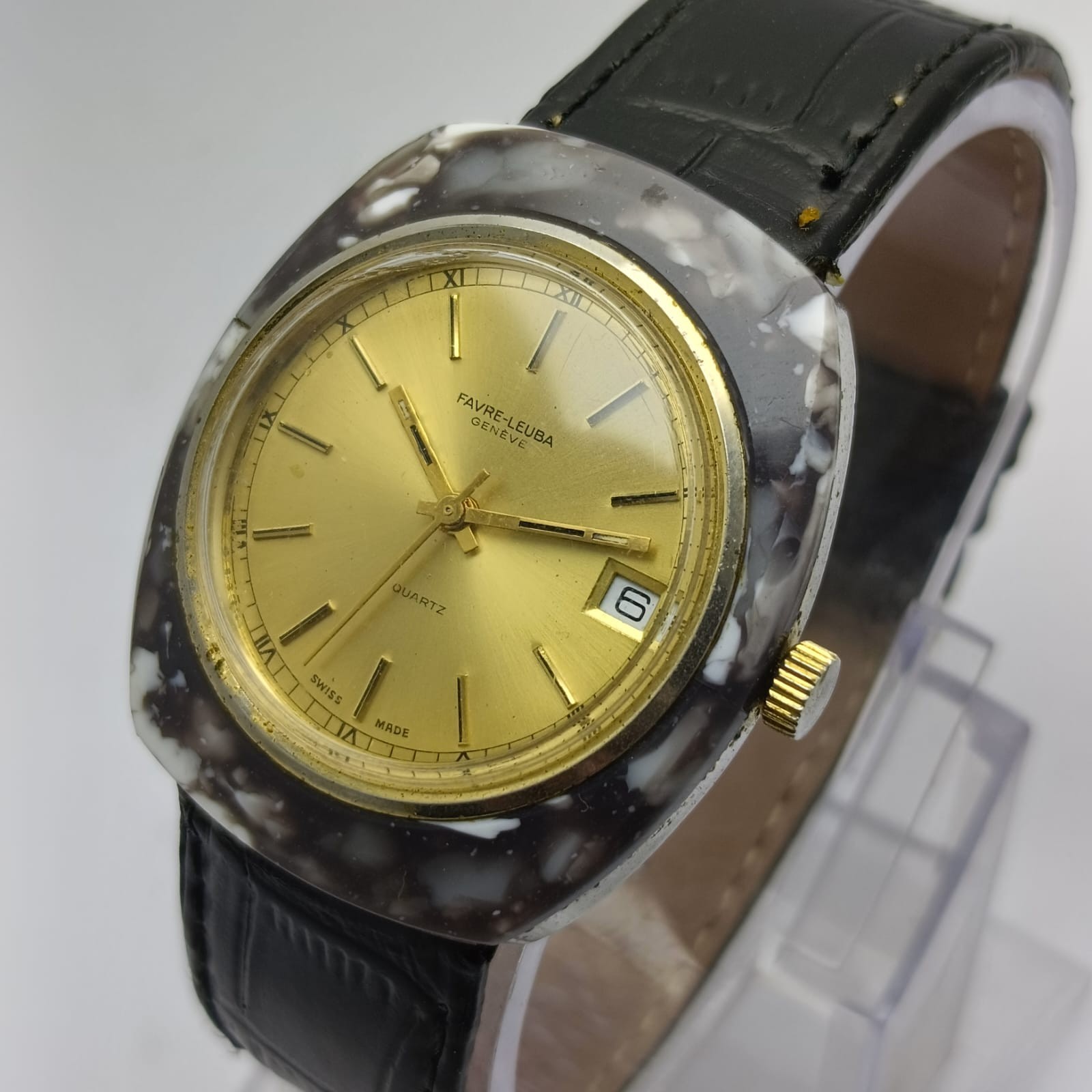 Favre-Leuba Genève Quartz Golden Dial Marble Bezel Vintage Men’s Watch