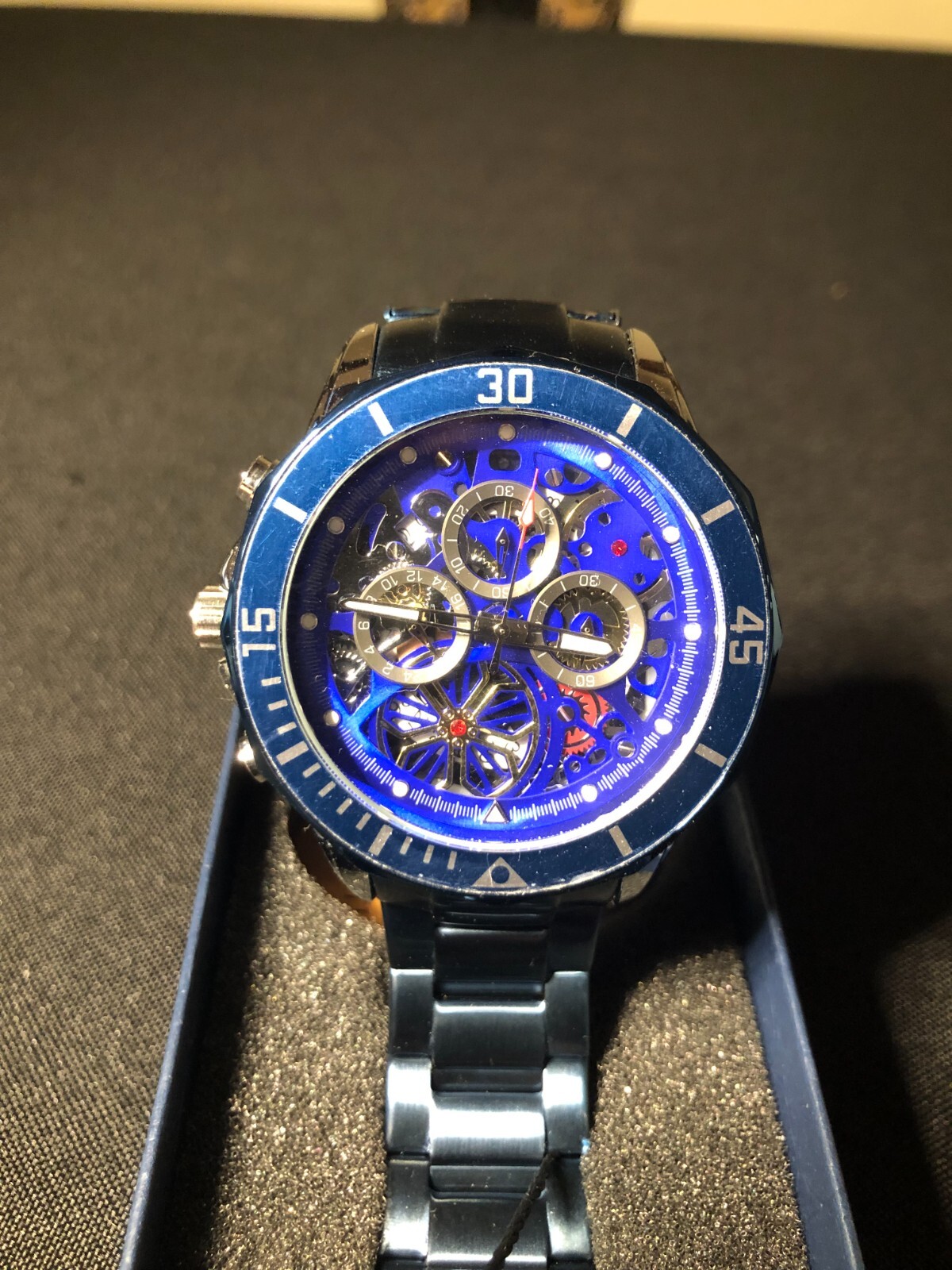 LIGE 1853 Dream Men’s Gold Tone Chronograph, SS Blue Bracelet New Battery in Box