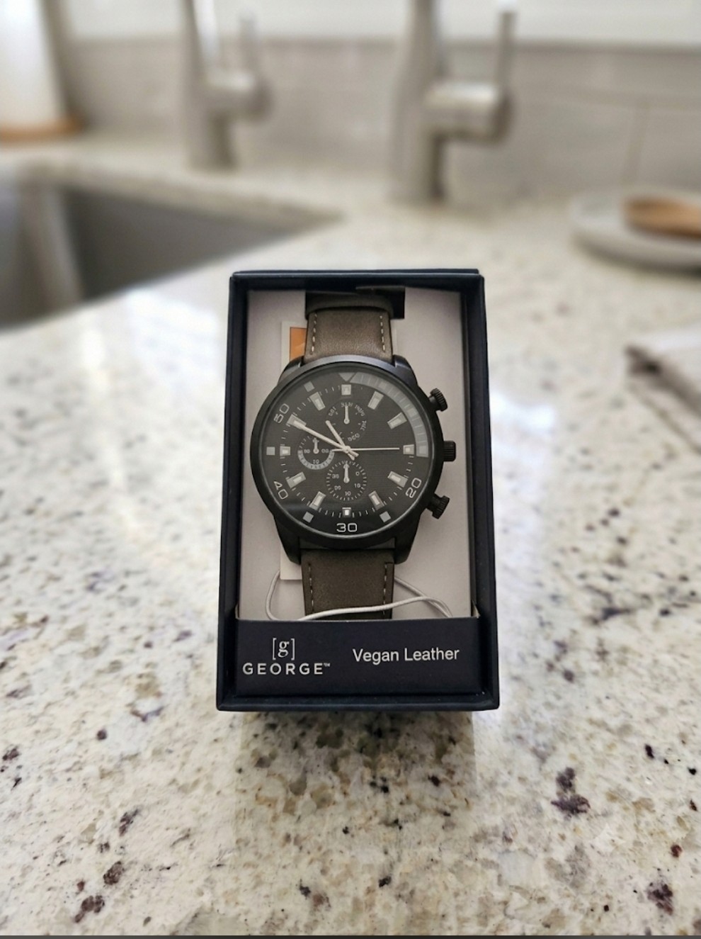 George Men’s Chronograph Quartz Analog Watch Black Dial Brown Faux Leather