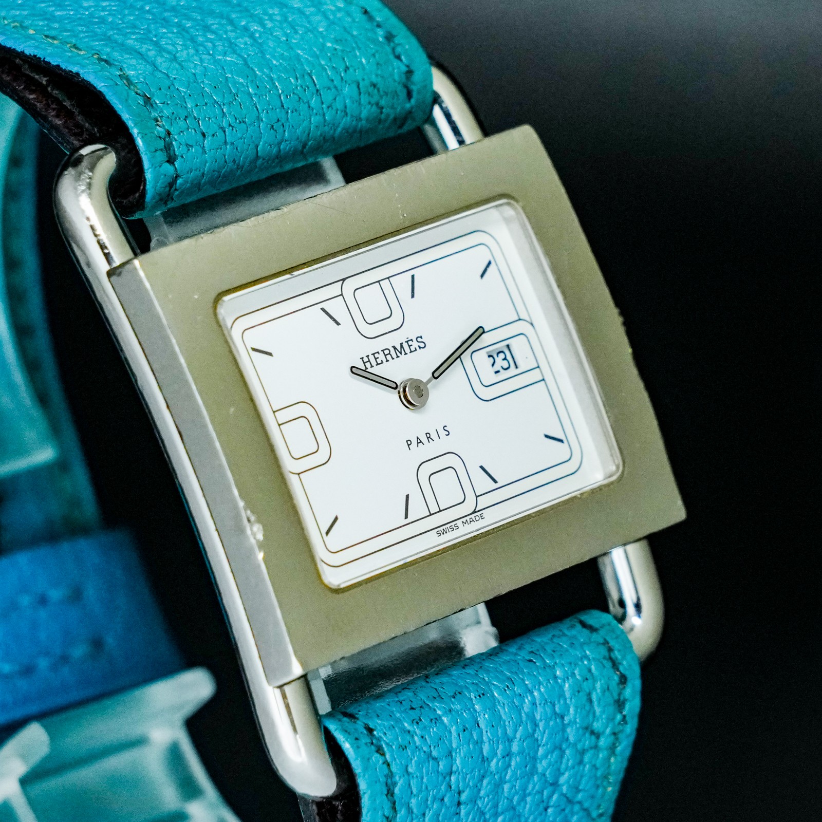 Vintage HERMES Barenia BA1.510 White Dial Date Square Quartz Unisex Adults
