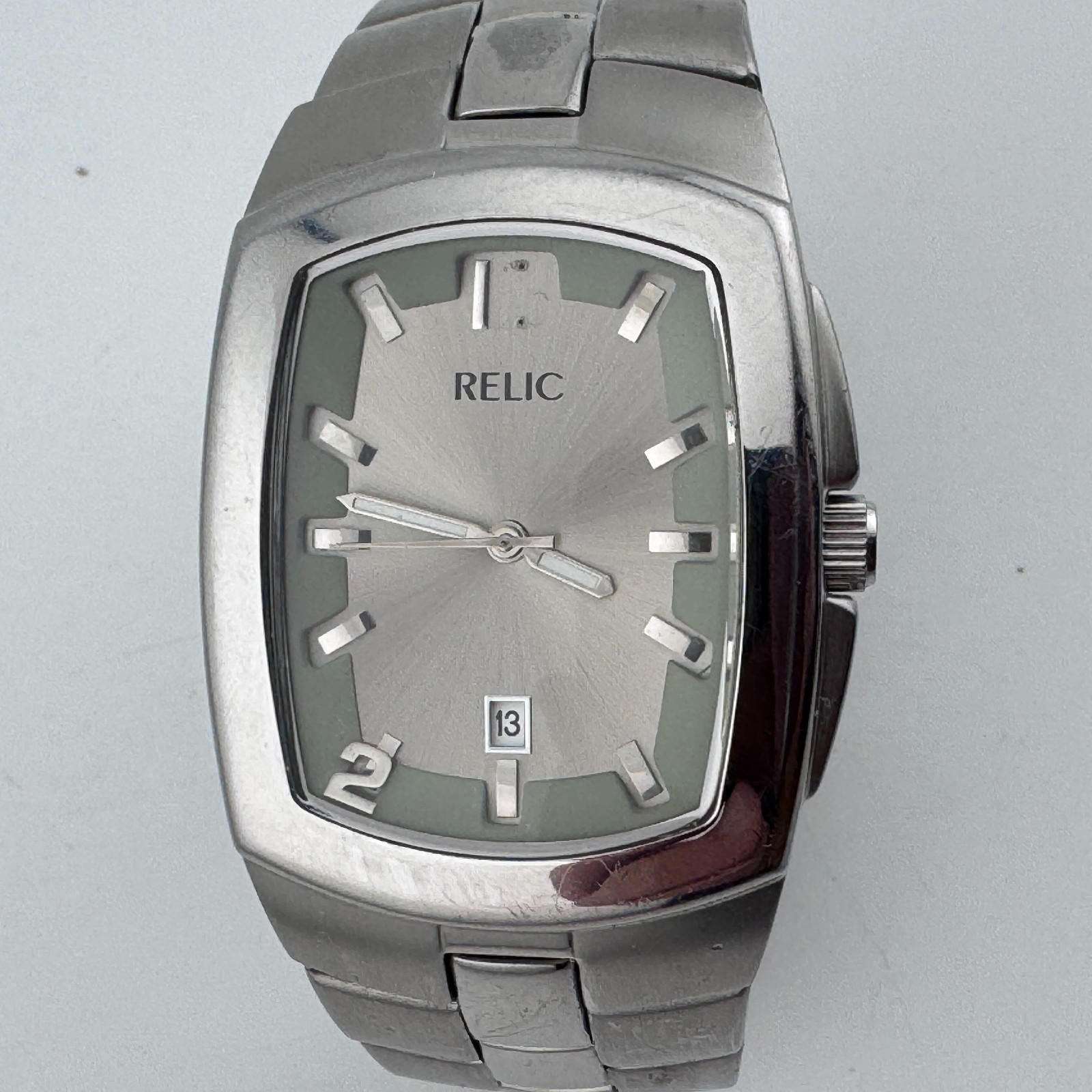 Relic Quartz Watch Men 30mm Silver Steel Barrel Cuff Date Analog New Batter 6.5″