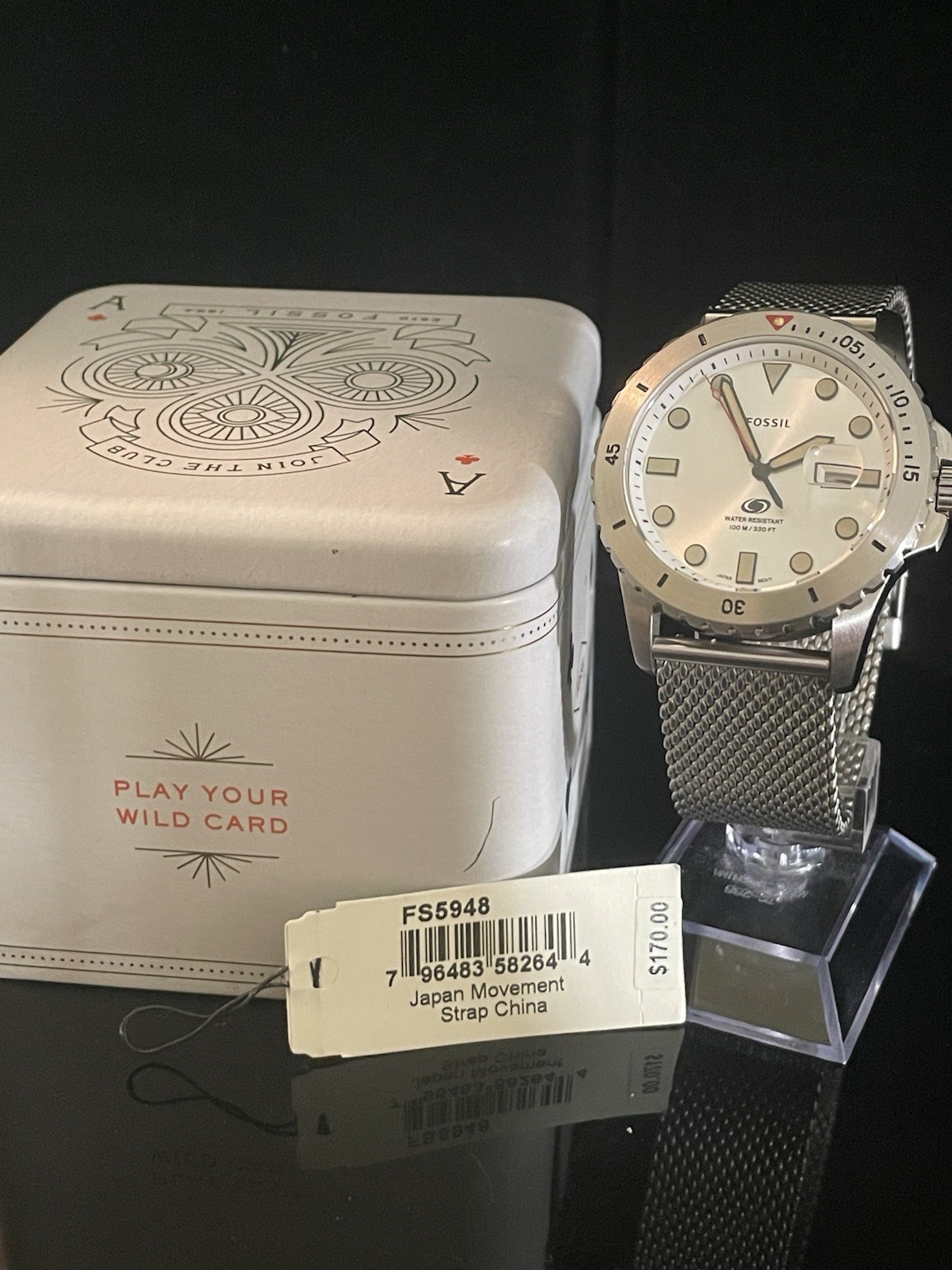 Fossil FS5948 Blue Diver Silver Sunburst Mesh Watch 100M NOS Box Tag Quartz 42mm