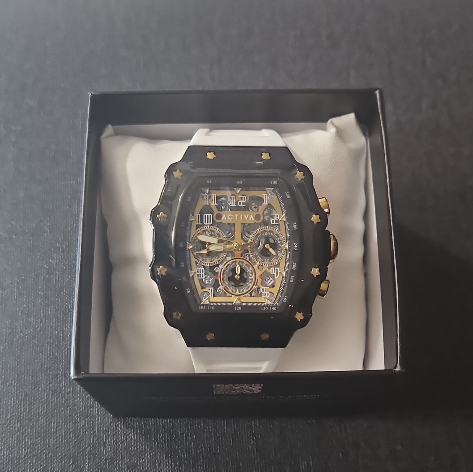 Activa Men’s Quartz Chronograph 46mm Black/Gold Dial White Silicone Strap Box