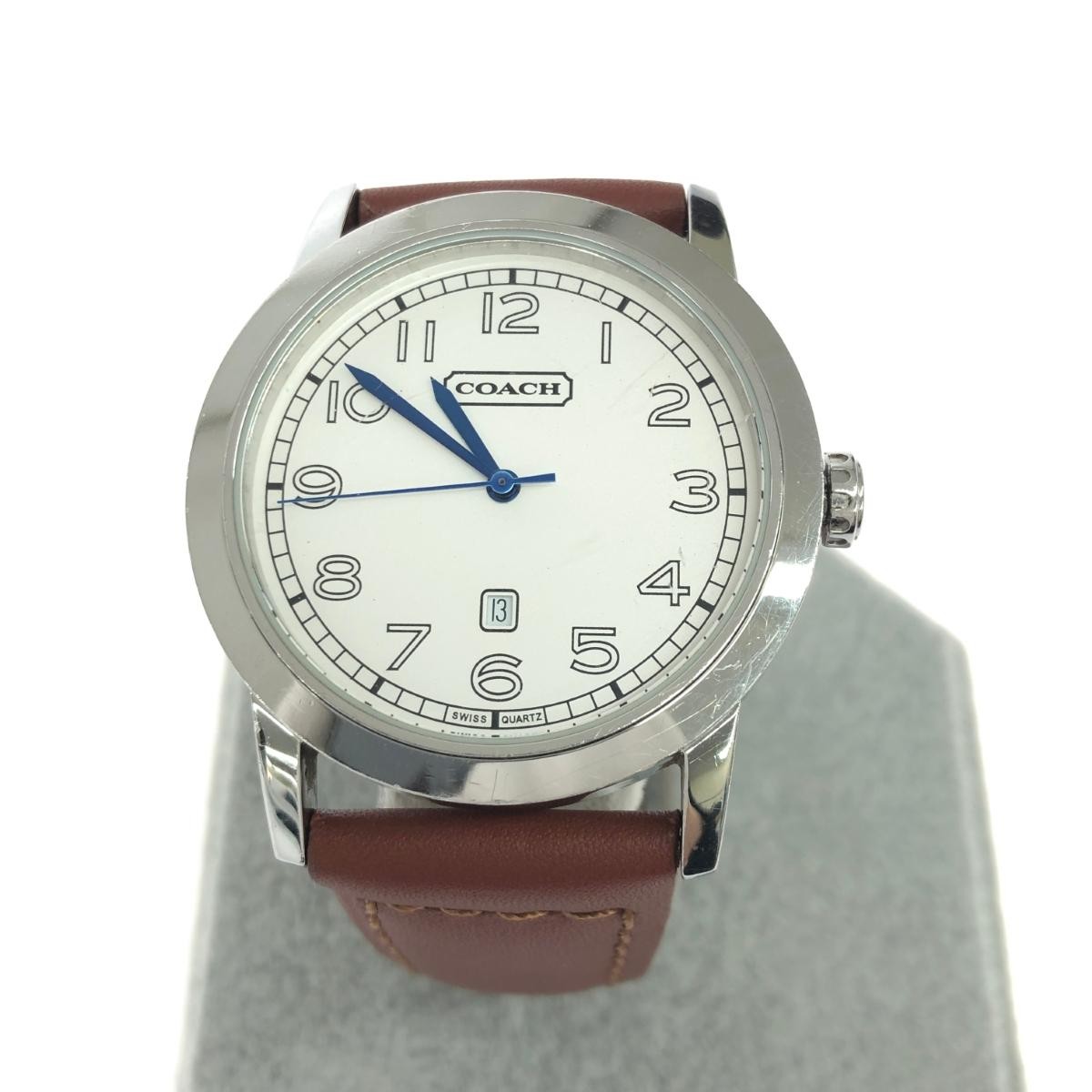 COACH Bleecker Wristwatch Quartz SS Leather Silver Color Brown Ladies Used