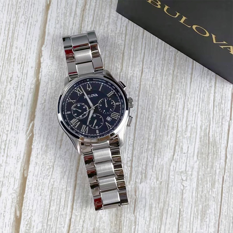 Bulova Wilton 96B288 Black Dial Men’s Chronograph Quartz New Watch 46mm Steel