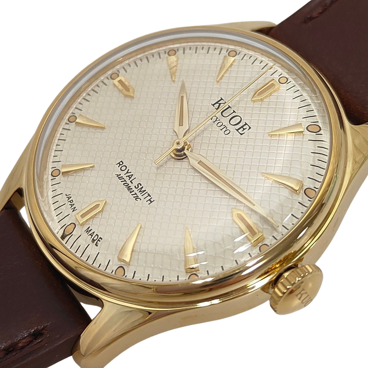 KUOE Kyoto Royal Smith 90-006 Ivory Waffle Dial Watch New Brown Leather Band JP