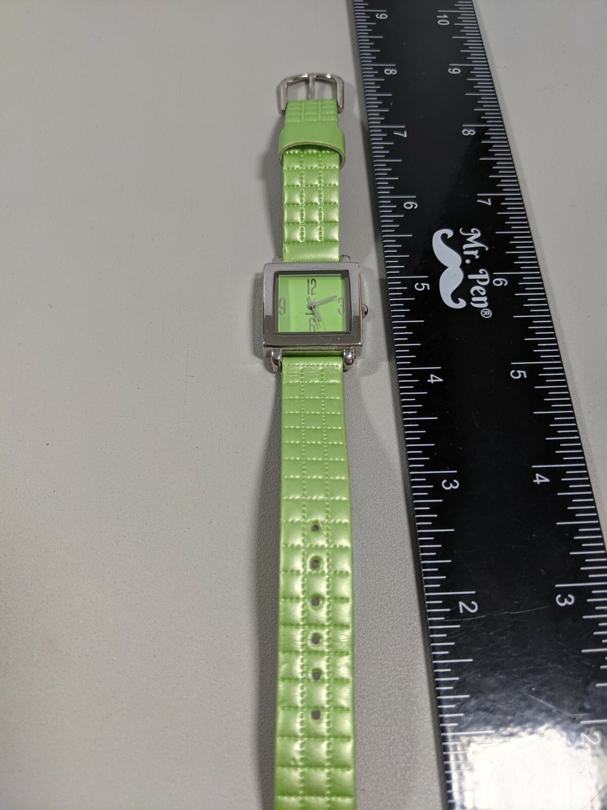 Green Dial Silver Tone Square Case 24 mm Green Faux Leather Band Watch 8 Inch