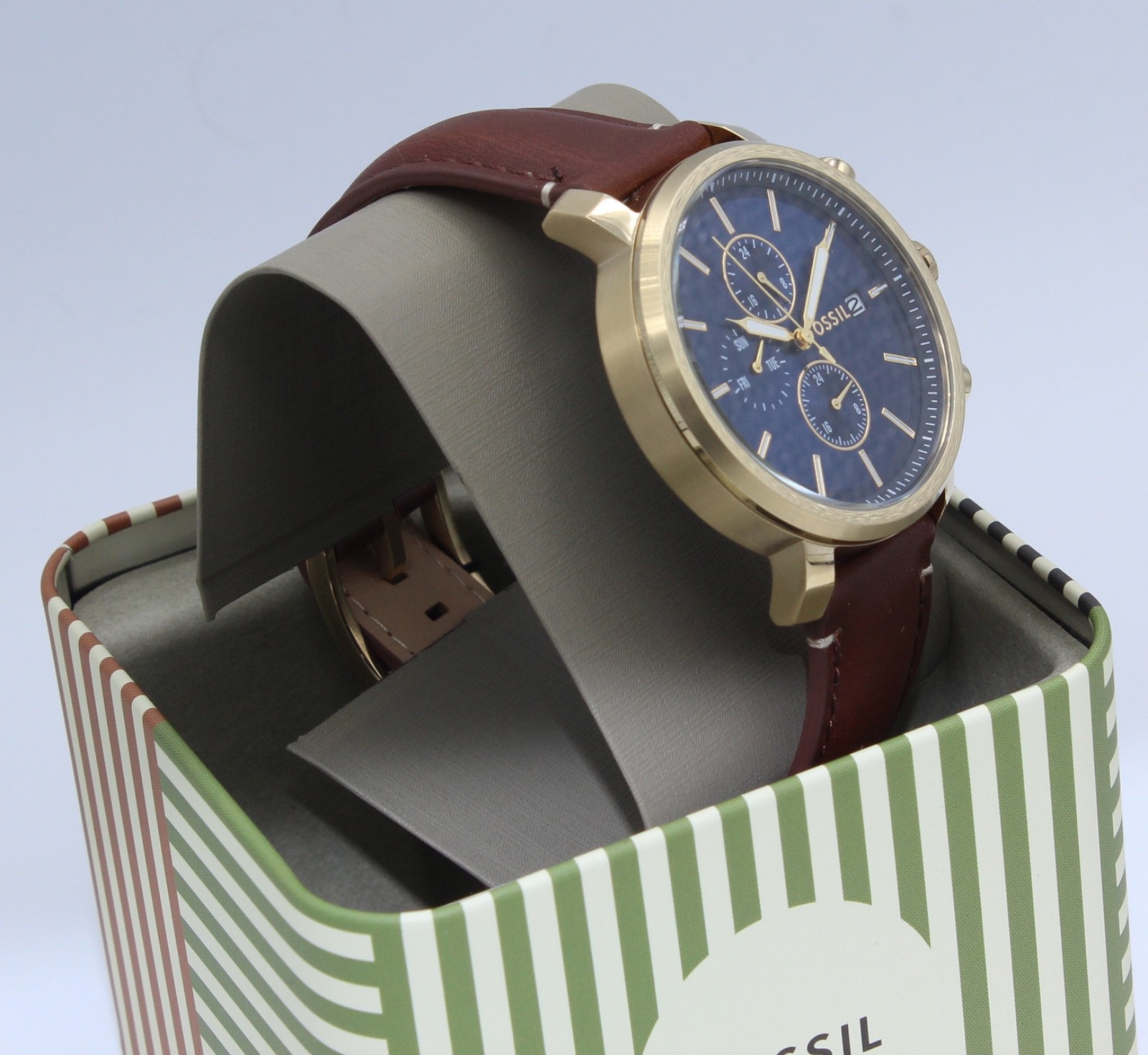 Fossil Rhett Chronograph Gold Blue Brown Leather BQ2848 Mens Watch