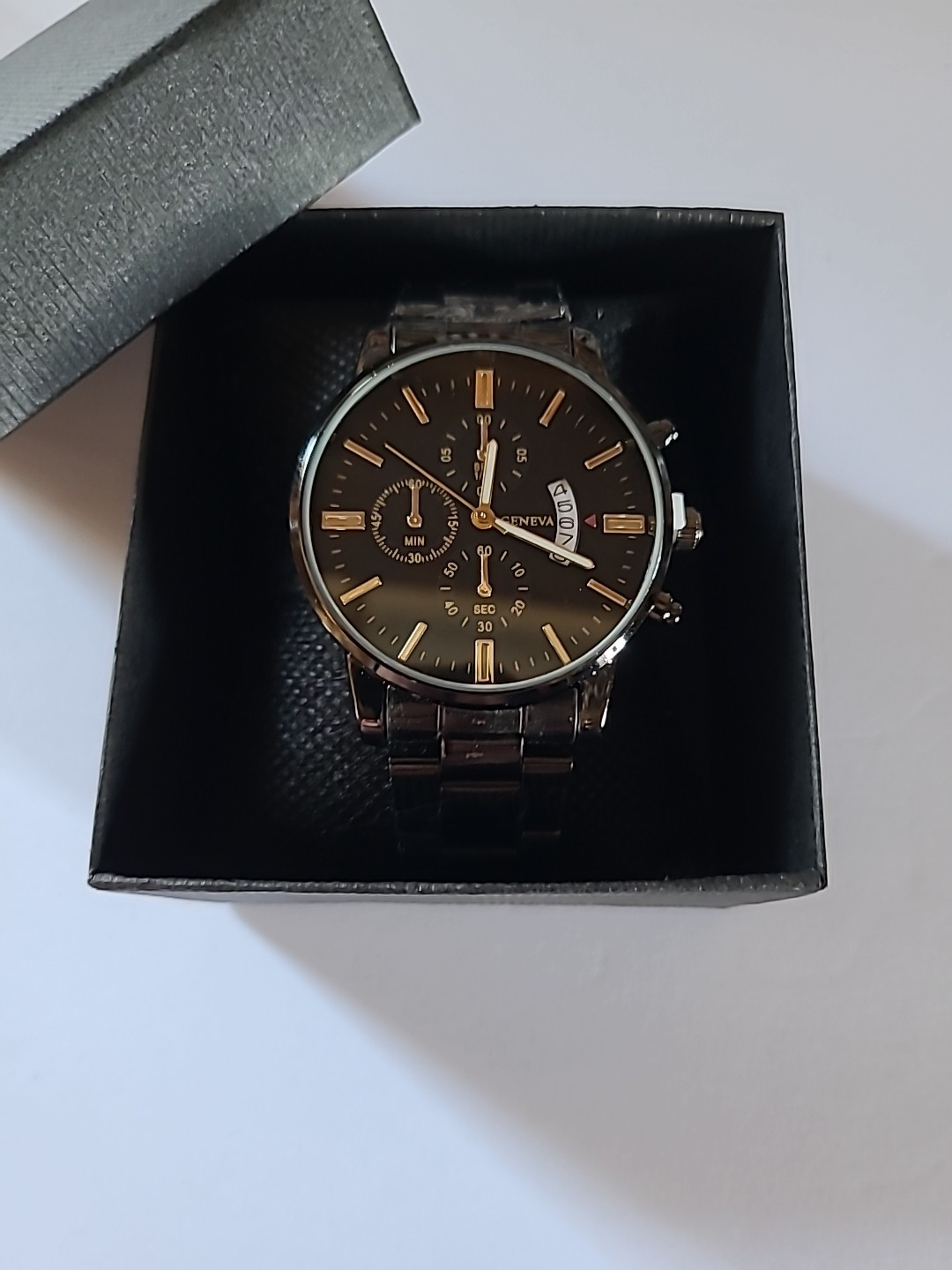 Geneva Men’s Gloss Black Watch With Black Dial With Gold 8 3/4 Inch Band