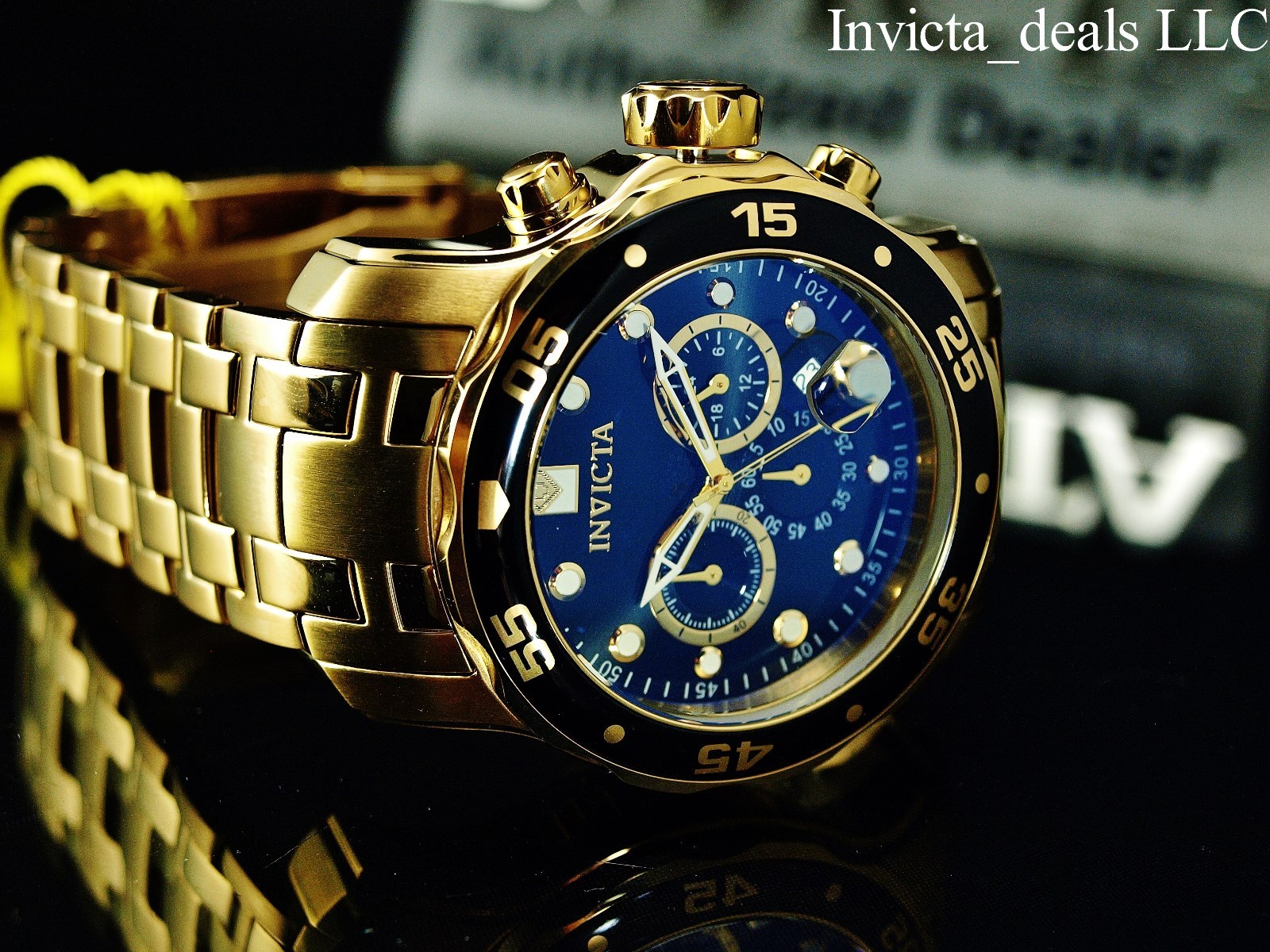 Invicta Men 48mm Pro Diver SCUBA Chronograph Black Dial 18k Gold Plated SS Watch