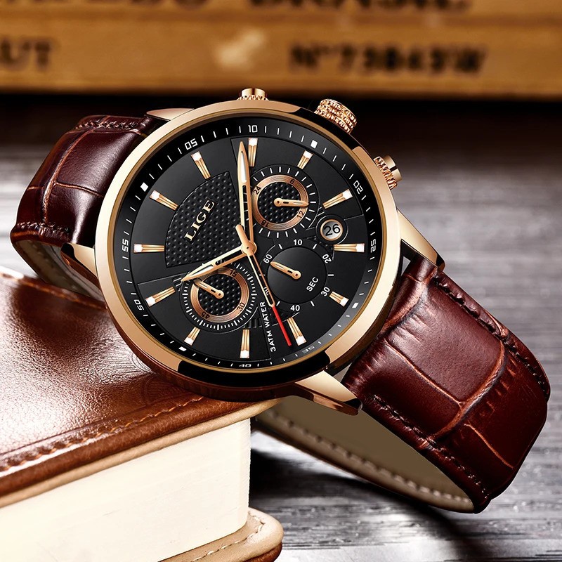 LIGE Men’s Luxury Chronograph Leather Strap Quartz Watch Waterproof Analog Date