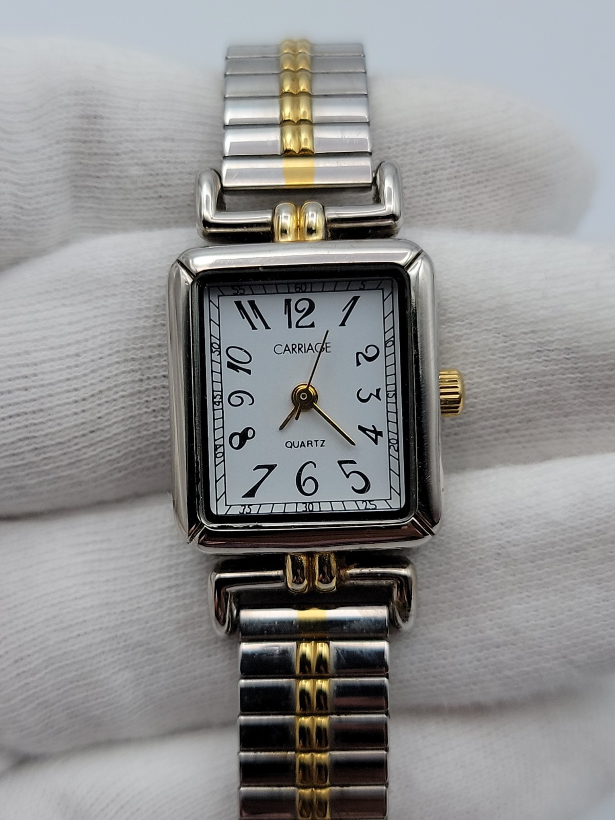 Carriage Women Watch 19mm Rectangle Dial Two Tone Stretch Band 6.25″, Runs