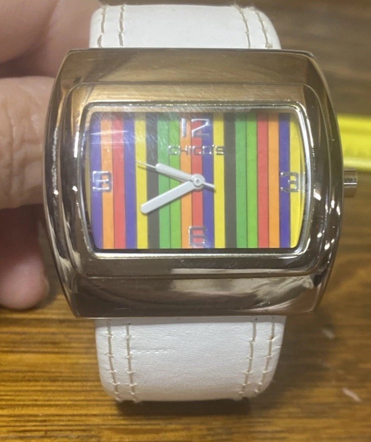 Chico’s Cuff Watch White Band Multicolor Striped Face, Rainbow Face