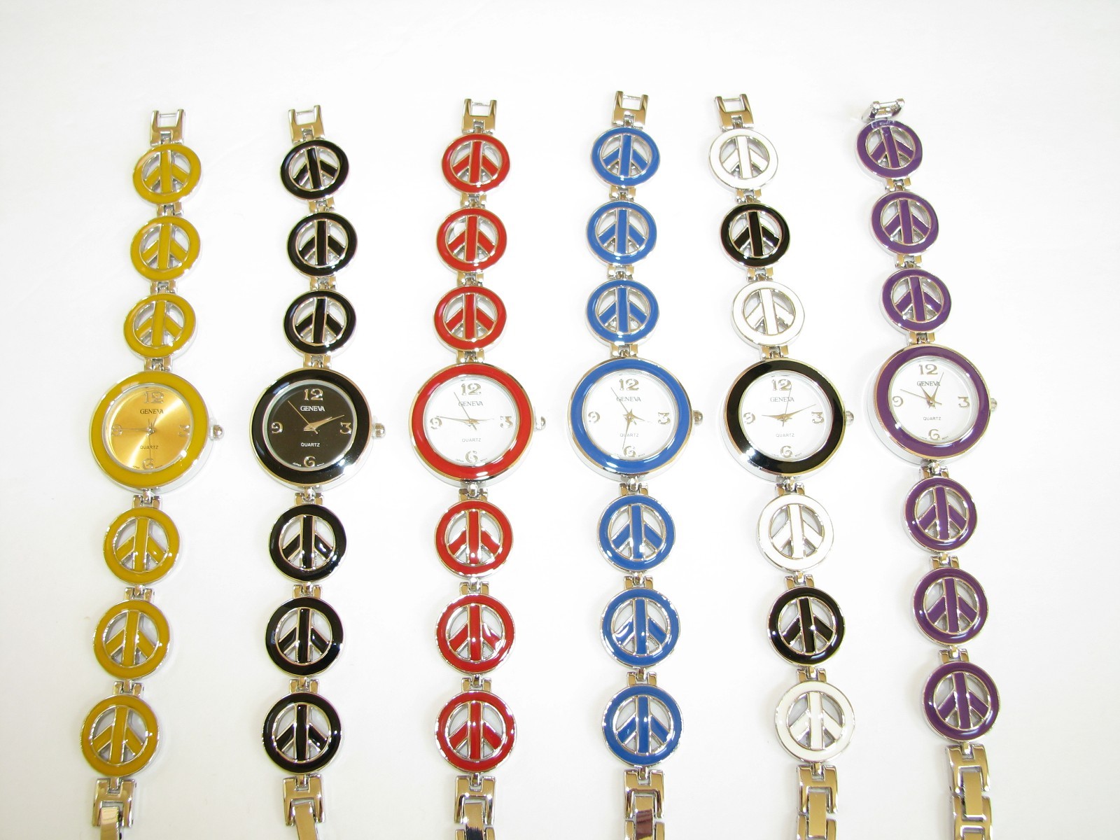 GENEVA 3D MULTI PEACE LOGO SIGN METAL BRACELET RED,BLUE,BLACK,WHITE WATCH-NEW