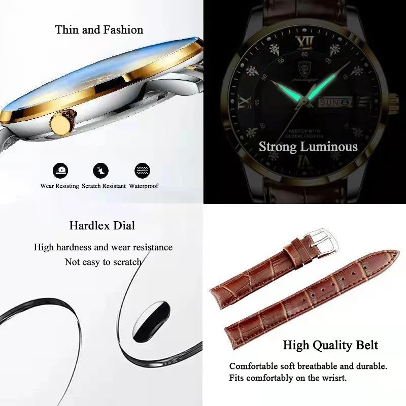 POEDAGAR Luxury Brand Men Watches Waterproof Luminous Leather Quartz Man Wristwa