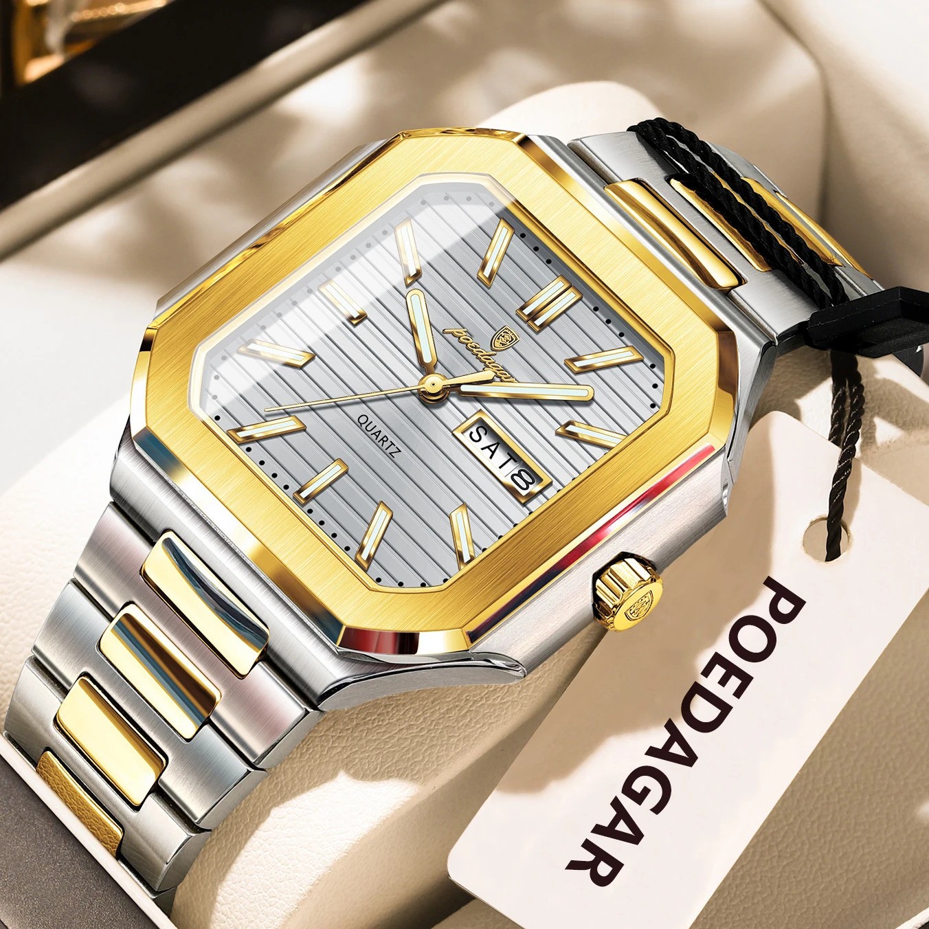 POEDAGAR Men’s Square Quartz Watch Stainless Steel Waterproof Luminous Day Date