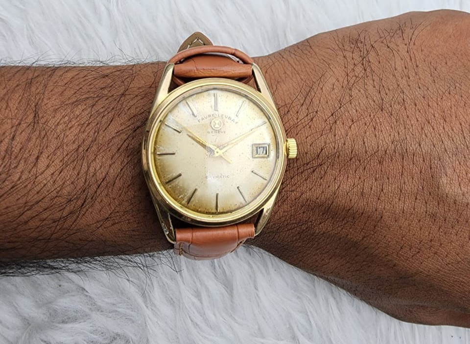 Vintage Favre-Leuba Daymatic Automatic Swiss Gold Dial Date Men’s Watch 21Jewels