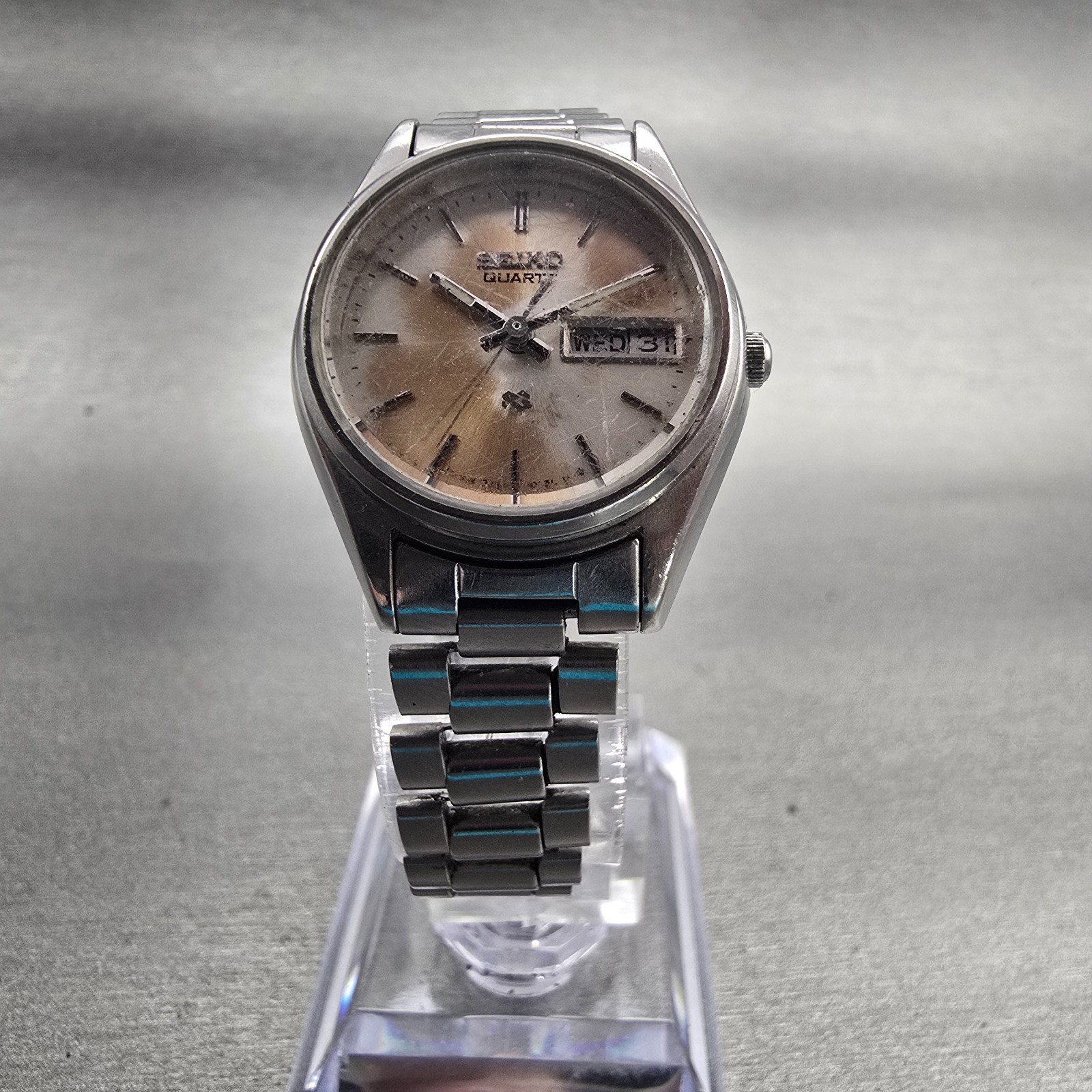 Seiko SQ Watch Women 24mm Bronze Dial Silver Tone Daydate 3423-0099 New Battery