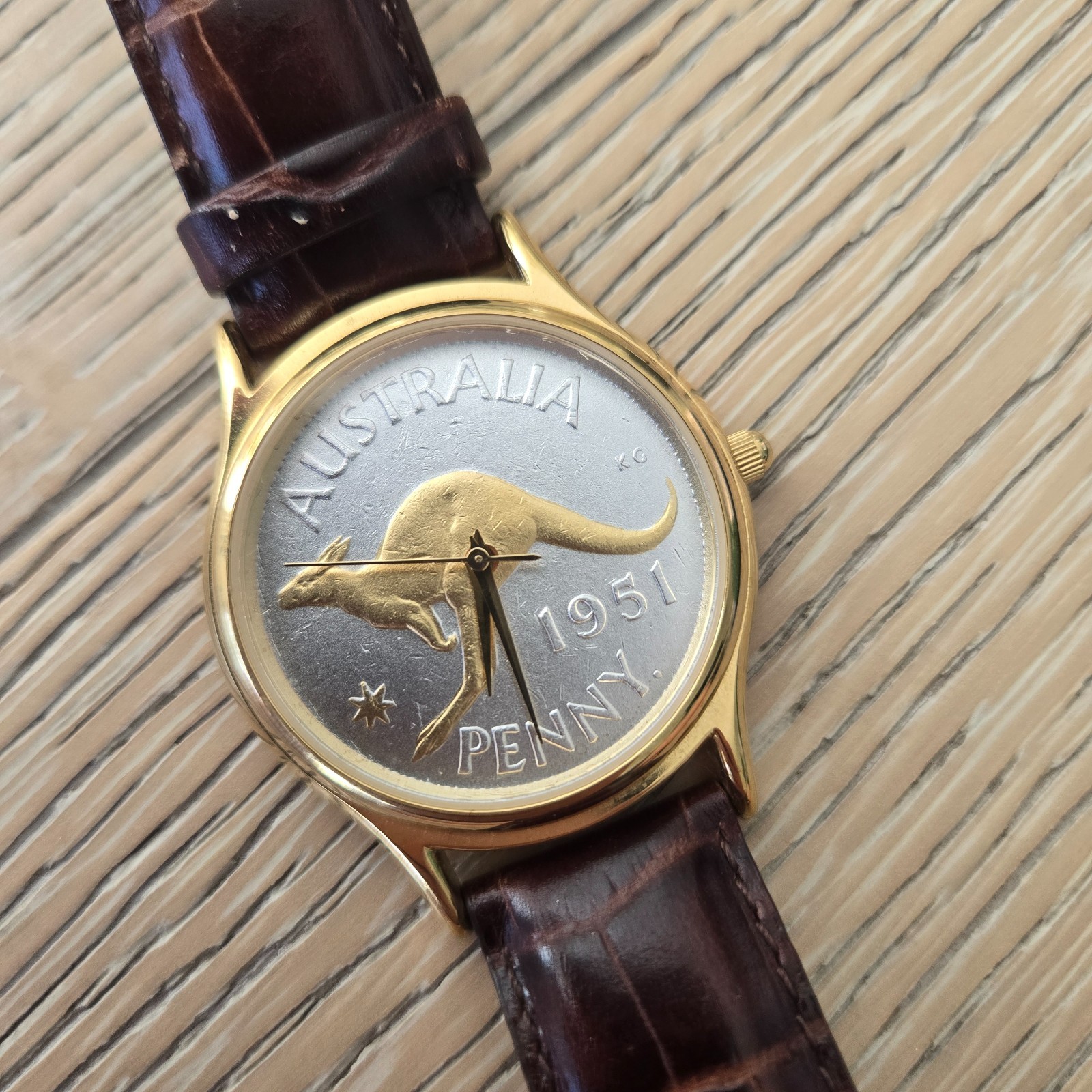 Coinwatch Australia 1951 Kangaroo Gold/Silver Penny Quartz Leather Strap Watch