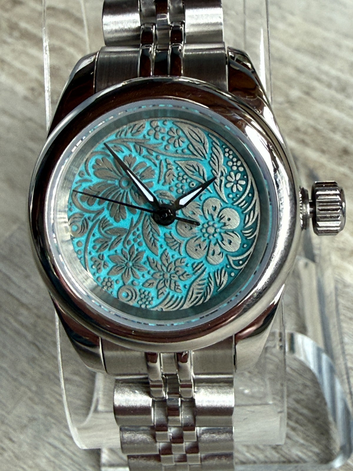Small Case Automatic Watch, Turquoise Floral Engraved Dial, Stainless Steel