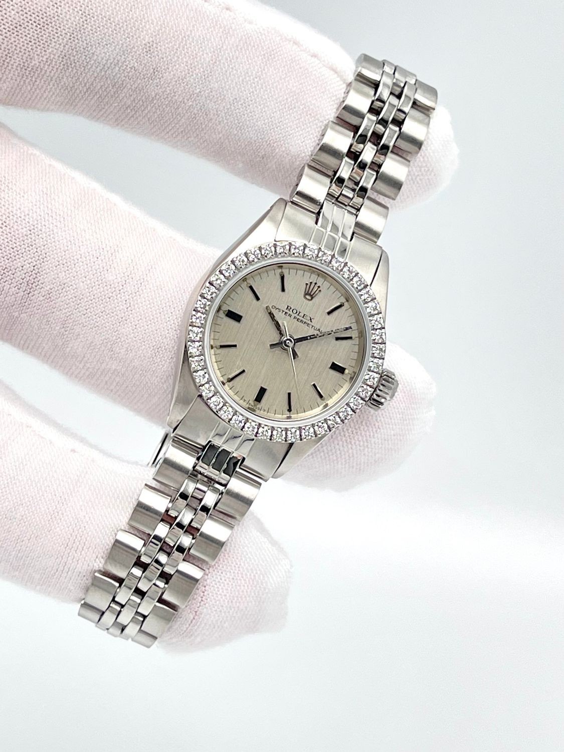 Rolex Oyster Perpetual 24mm 6619 Silver Baton Dial Diamond Bezel Jubilee Box