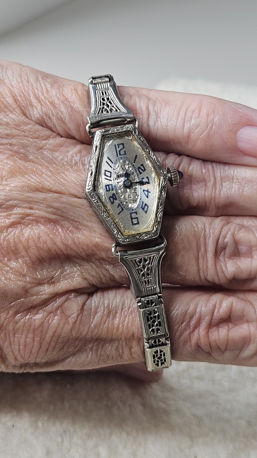 Art Deco Manfred 18KT White GF Mechanical Windup Ladies Watch-16 Jewels -WORKS