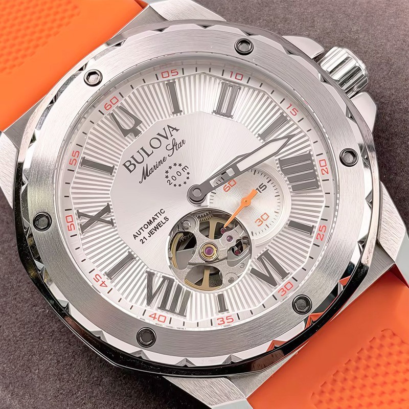 Bulova Marine Star 98A226 Automatic Men’s Watch White Dial Orange Silicone Strap
