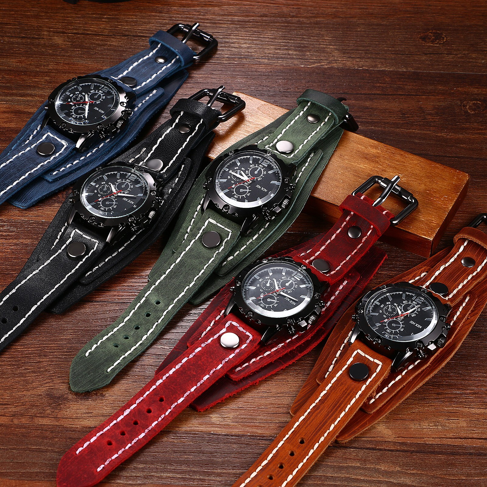 Men’s Steampunk Analog Quartz Wide Genuine Leather Strap Decorative Wrist Watch