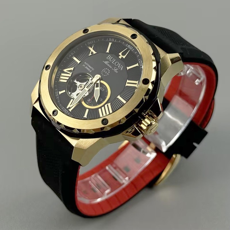 Bulova Marine Star 98A272 Automatic Men’s Watch Black Gold Dial Rubber Strap