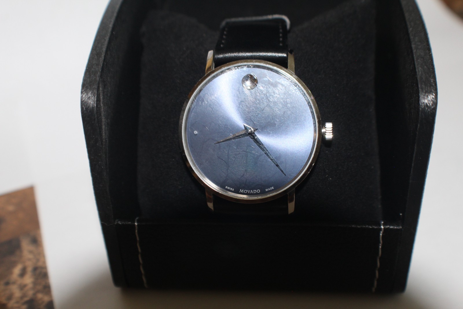 Movado Bold Quartz Black Dial Silver Tone Leather Strap Men’s Watch