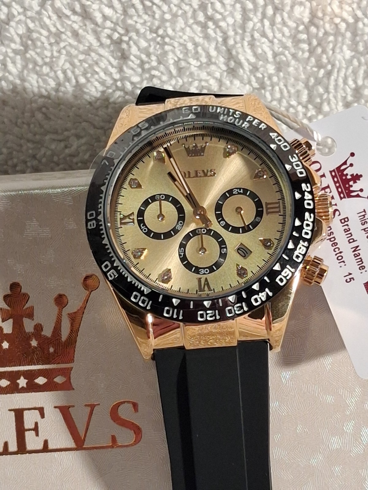 OLEVS Men’s Chronograph Watch Big Face Gold-Tone Black Silicone Band New Box